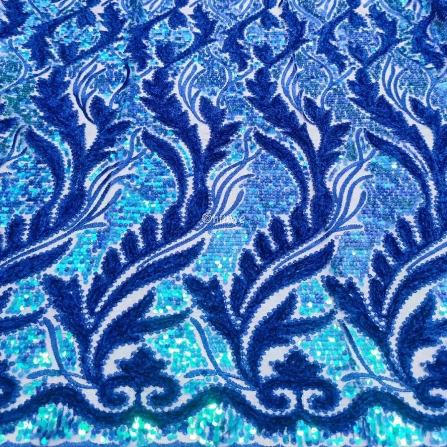 Sapphire Blue Champagne Gold & Emerald Green Swirl Appliqué Sequined Mesh Print Fabric Lace