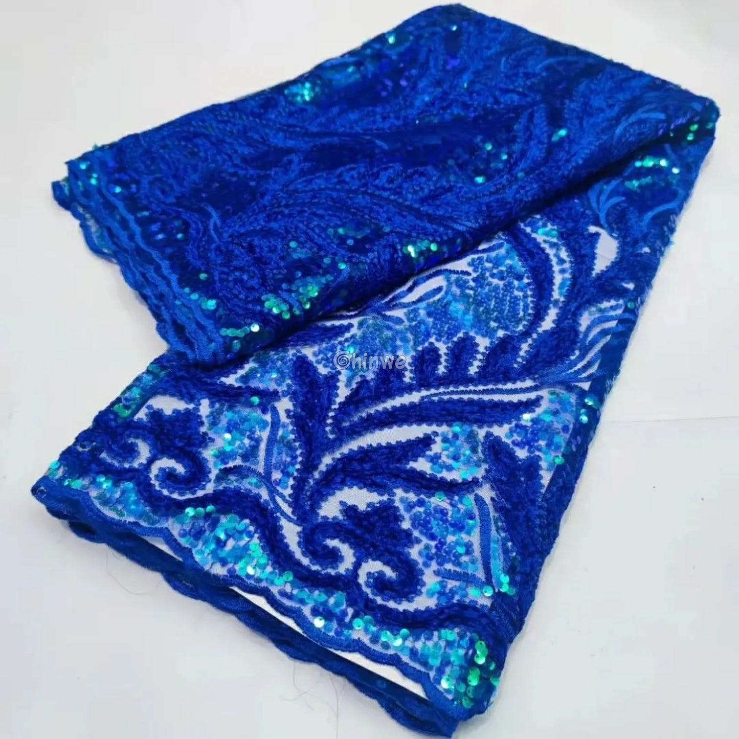 Sapphire Blue Champagne Gold & Emerald Green Swirl Appliqué Sequined Mesh Print Fabric Lace