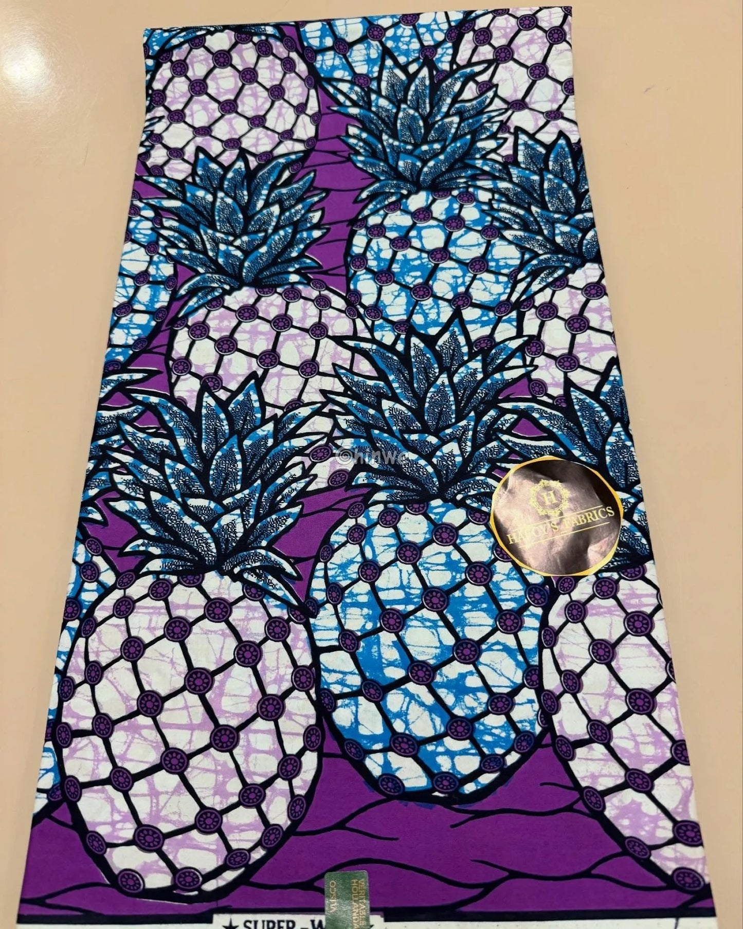 African Wax Print with Blue Pineapples and Sapphire Leaves on Purple Ground Circular Batik Detailing Royal Purple