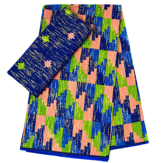Blue Green & Pink Kente Brocade with Pixel Mosaic Triangles and Gold Metallic Accents Lagoon Mosaic Kente / 6yards