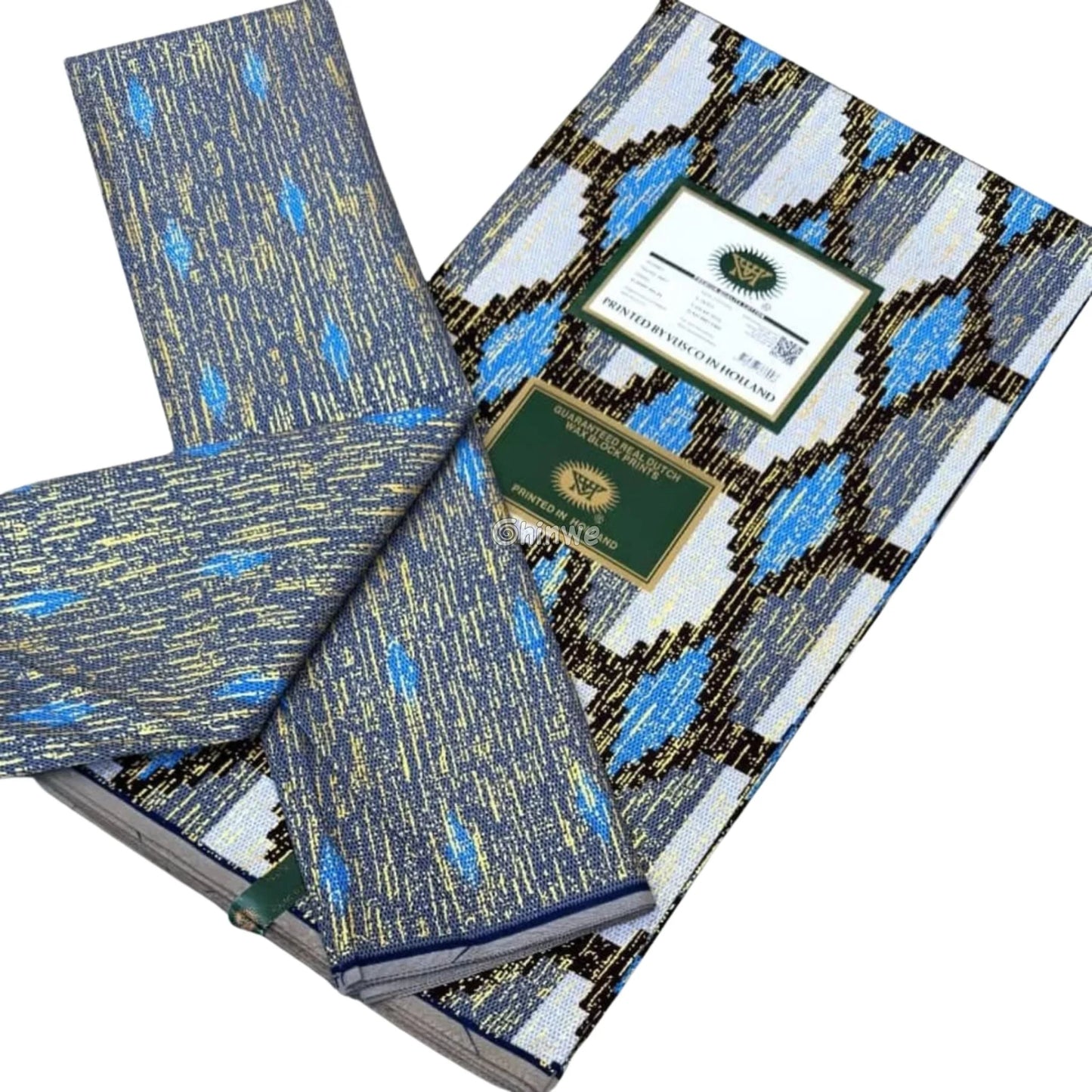 Silver Blue & Black Kente Brocade with Interlocking Diamond Motif and Metallic Accents Azure Chain Kente / 6yards