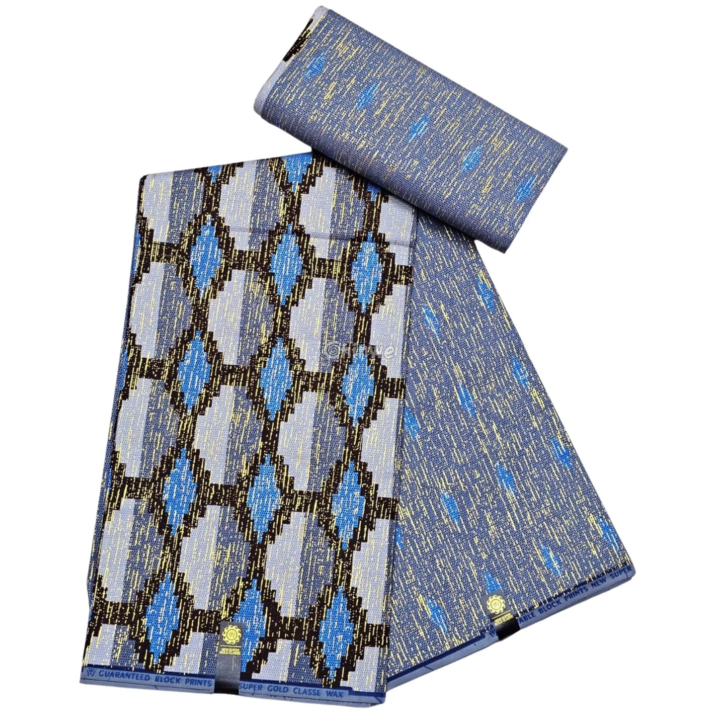 Silver Blue & Black Kente Brocade with Interlocking Diamond Motif and Metallic Accents Azure Chain Kente / 6yards