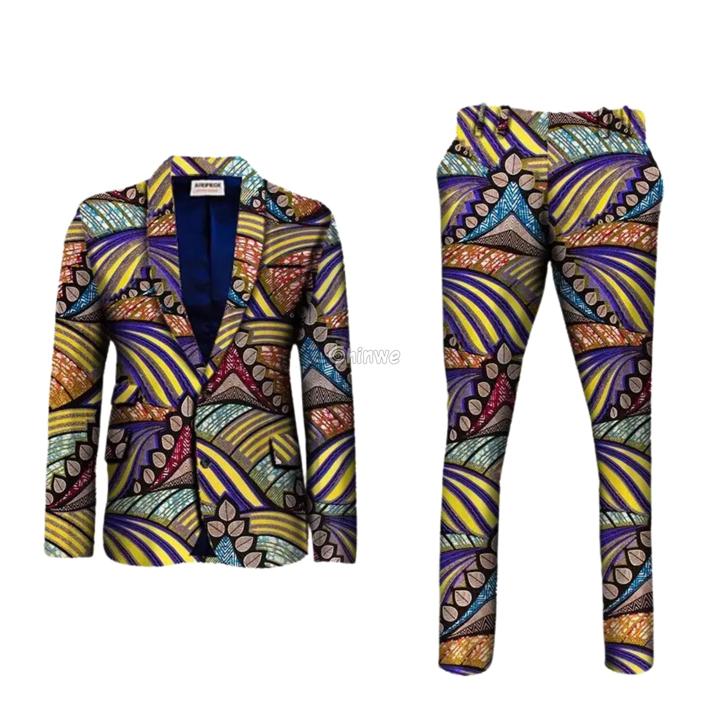 Two Piece Slim Fit African Wax Suit Custom Tailored Blazer & Trousers Set Men’s Clothing