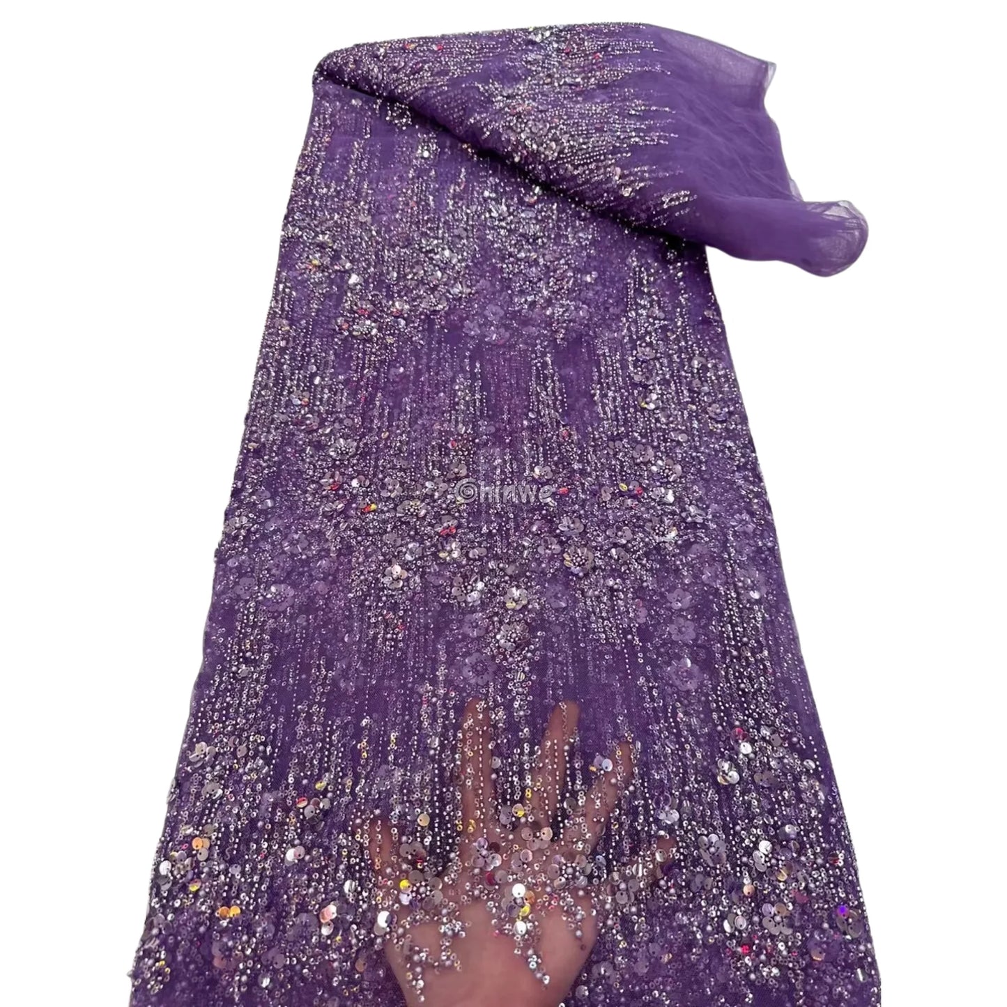 Sequin Beaded Tulle Mesh Fabric with Dripping Floral Shimmer & Textured Wave Pattern Royal Purple Sequin / 5 Yards