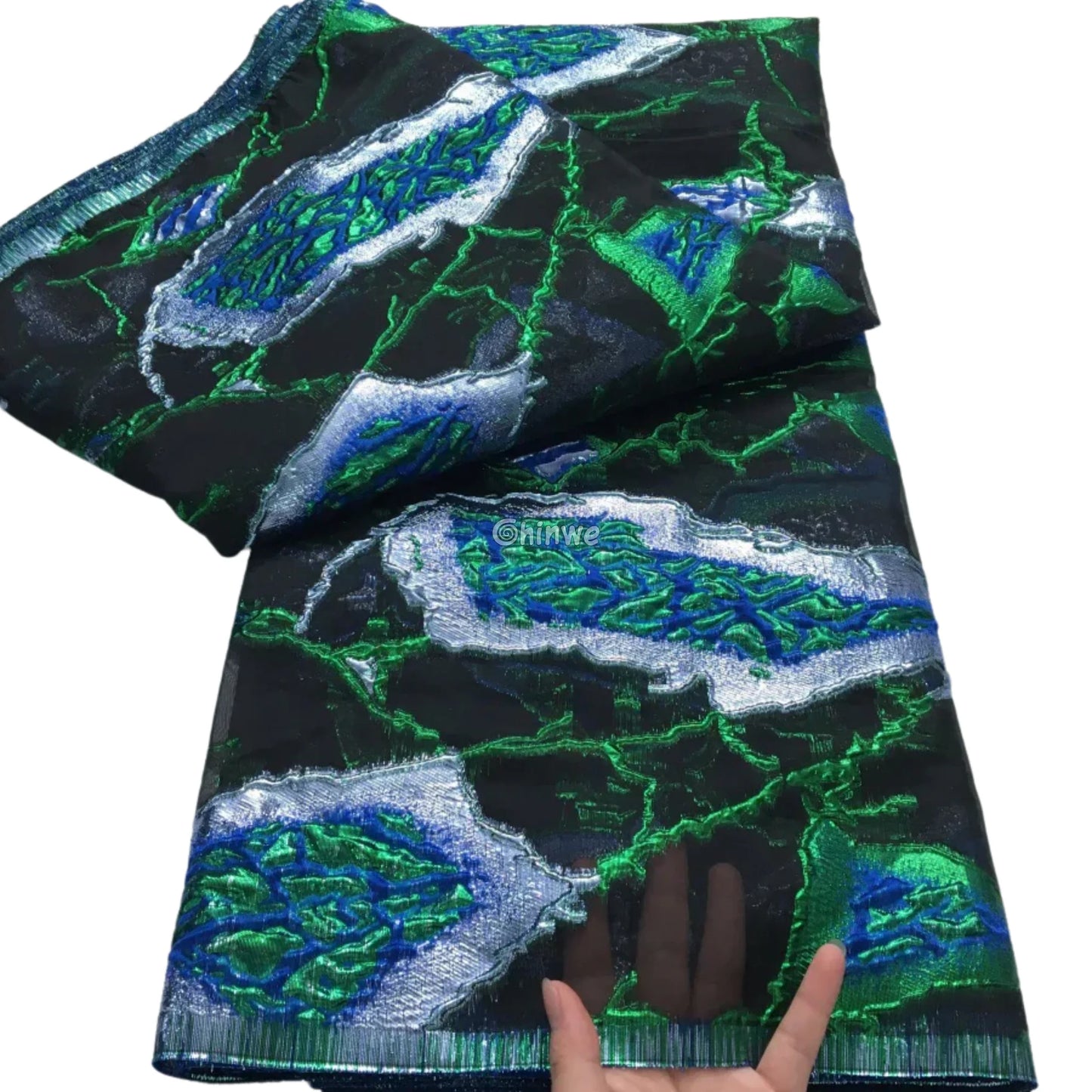 Jacquard Brocade Lace with Abstract Shard Motif and Lustrous Metallic Sheen for Couture Crafts Midnight Silver Shard