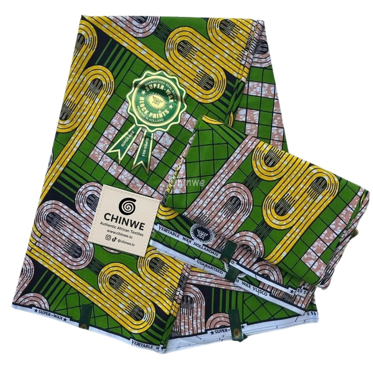 African Wax Print with Olive Green Grid, Mustard Loops, and Taupe Batik Interlocking Path Motif