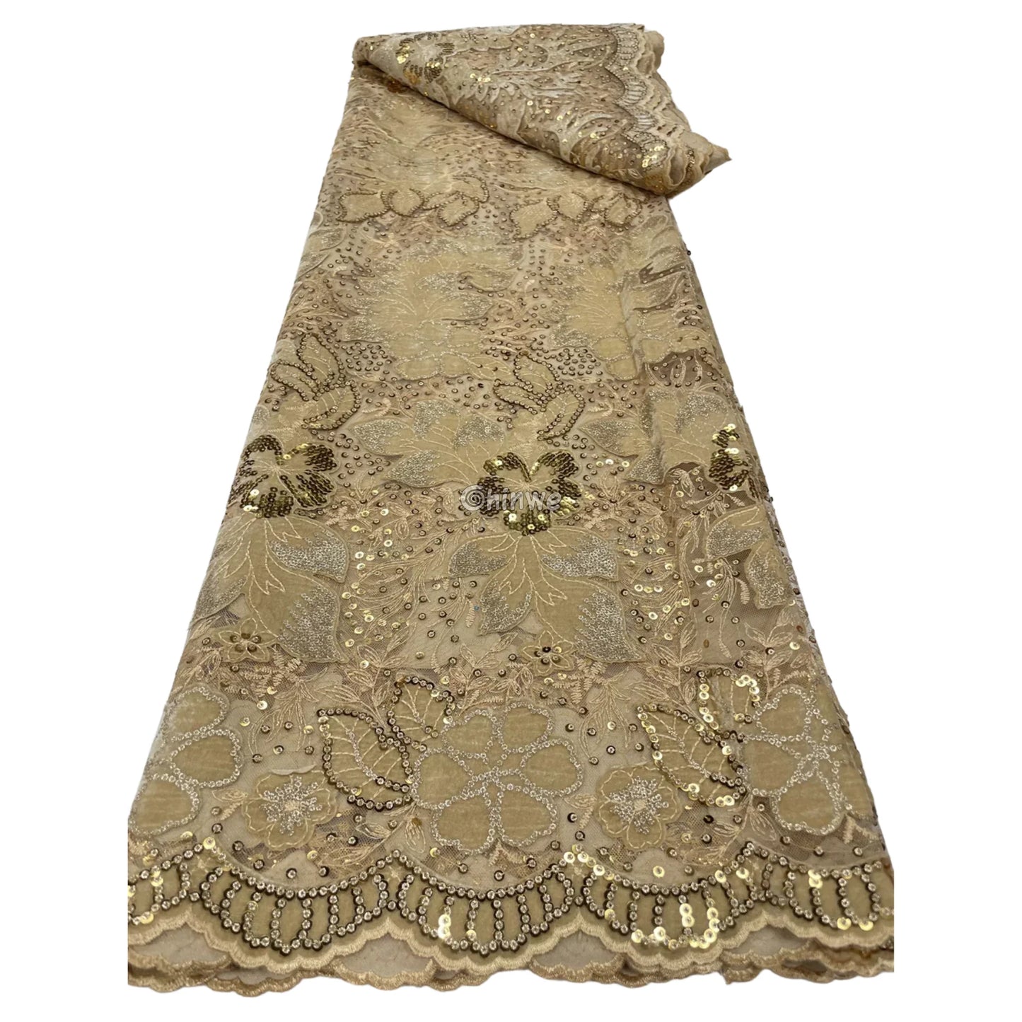 Champagne Mesh Floral Velvet Appliqué Sequined Lace Fabric with Scalloped Floral Edge