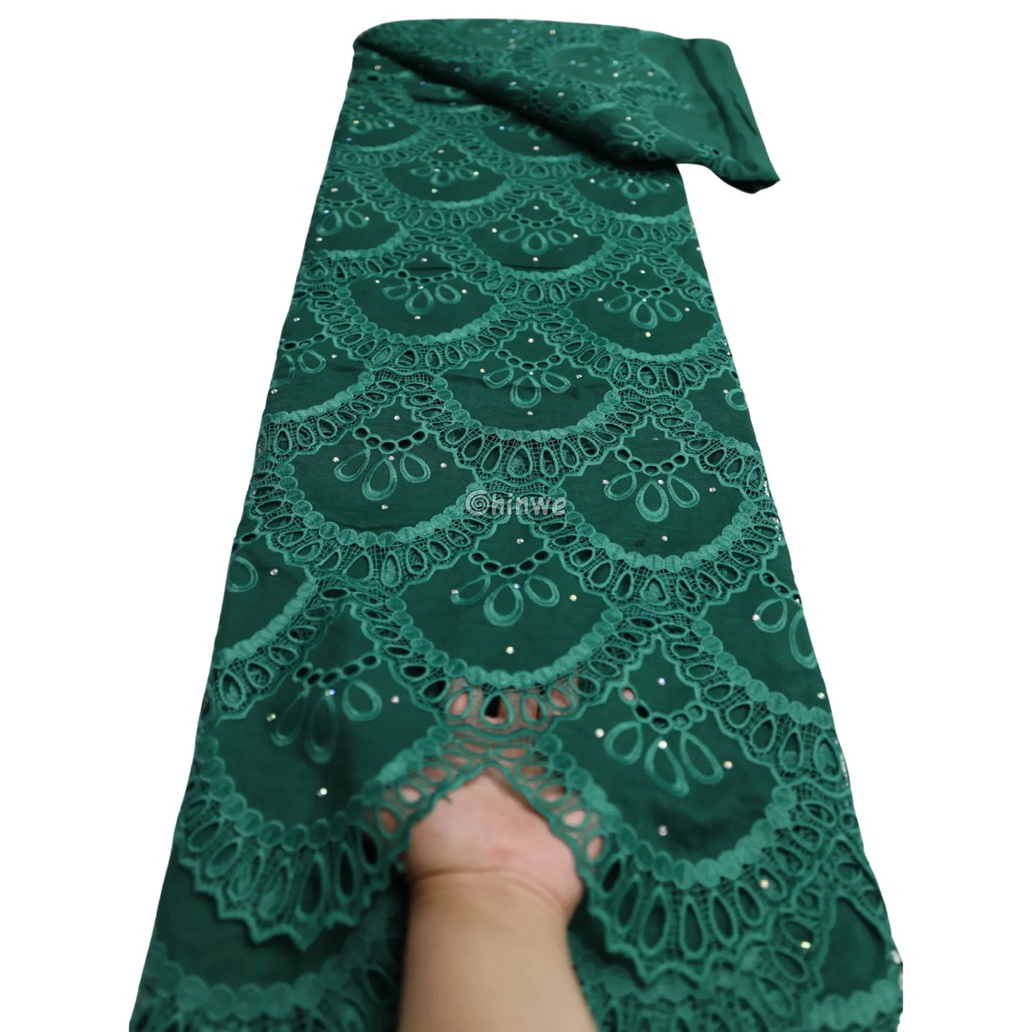 Embroidered Eyelet Lace Fabric with Scalloped Petal Motif and Sparkle Embellishments Emerald Green Sparkle Eyelet / 5