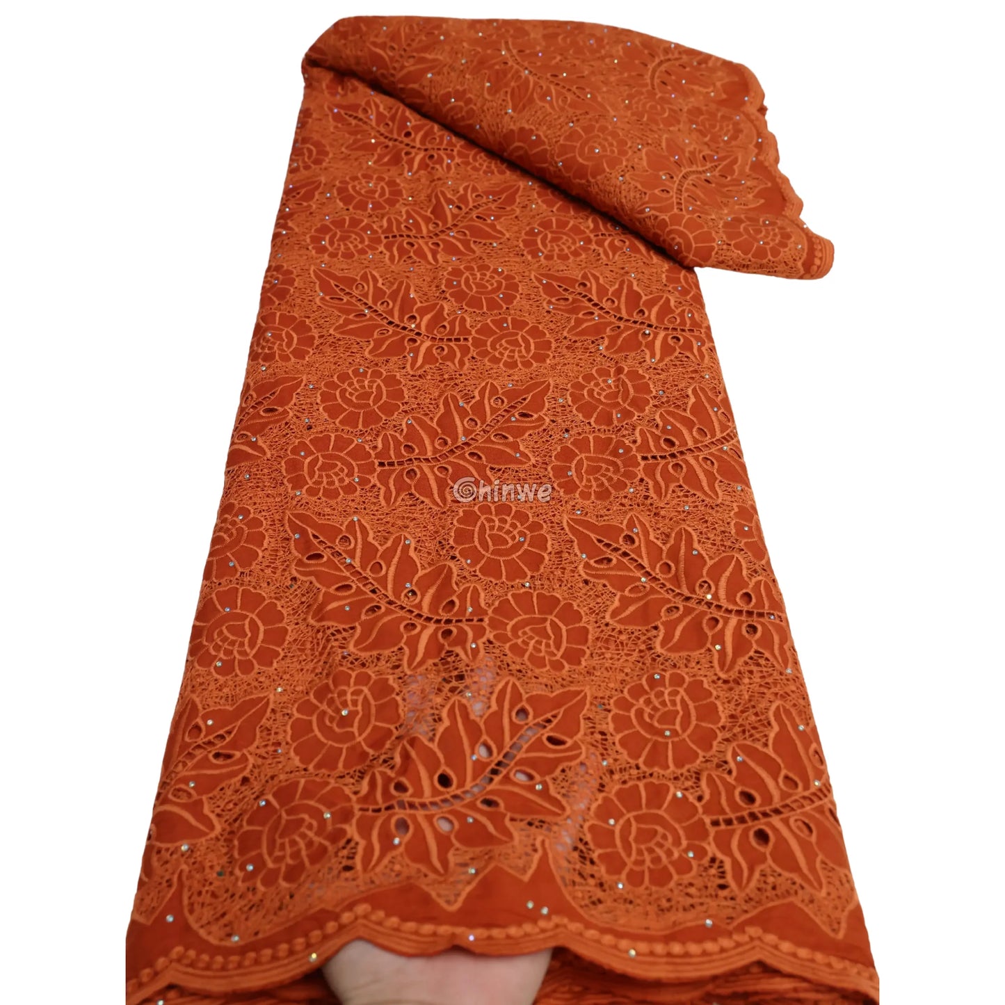 Purple Orange Mauve Aqua & Cream Floral Vine Lace Fabric with Scalloped Edge & Sequins Burnt Orange / 5 Yards / 120cm