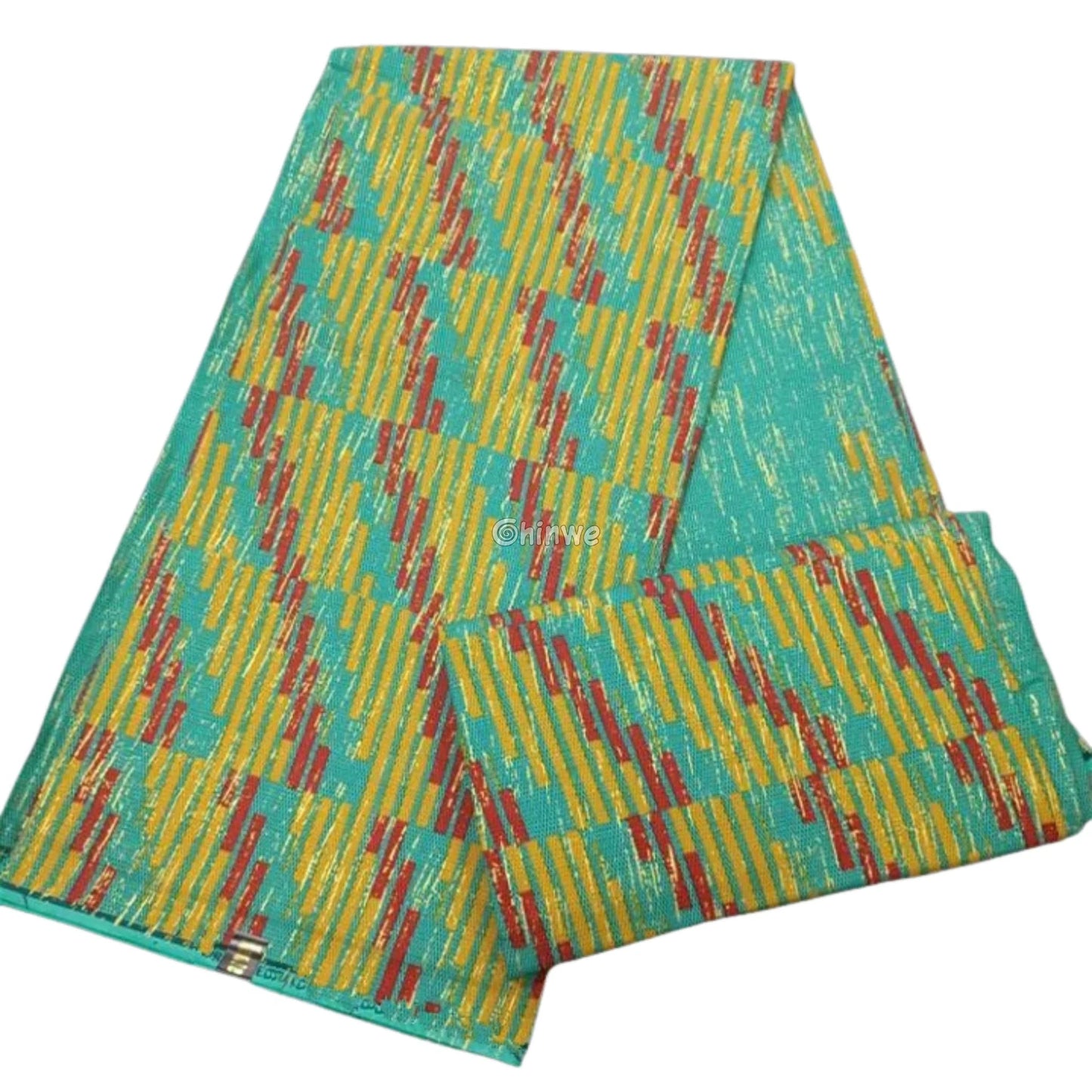 Teal Yellow & Red Kente Brocade with Vertical Stripe Motif and Light Metallic Detailing Sunbeam Teal Kente / 6yards