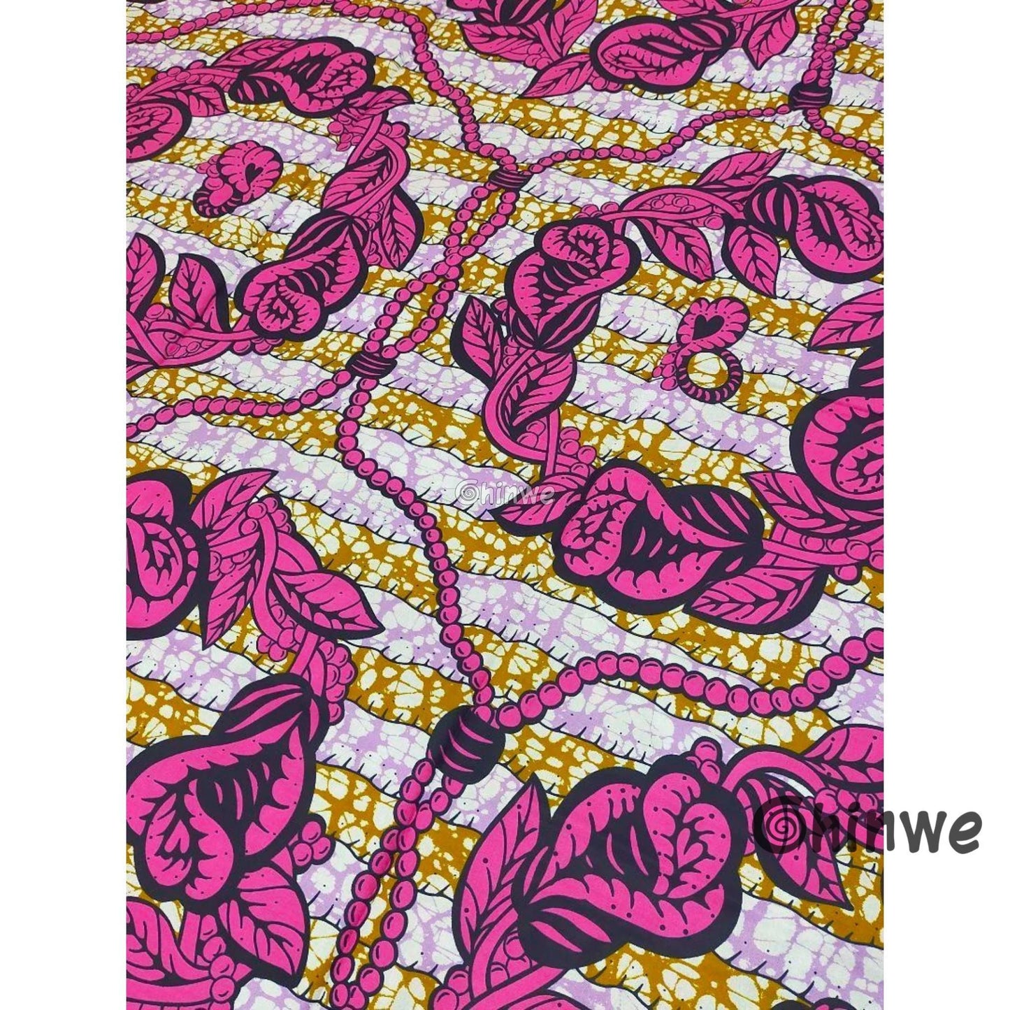 Magenta Vine & Leaf Print on Lilac and Gold Batik Texture with Beaded Motif Accents, African Wax Cloth