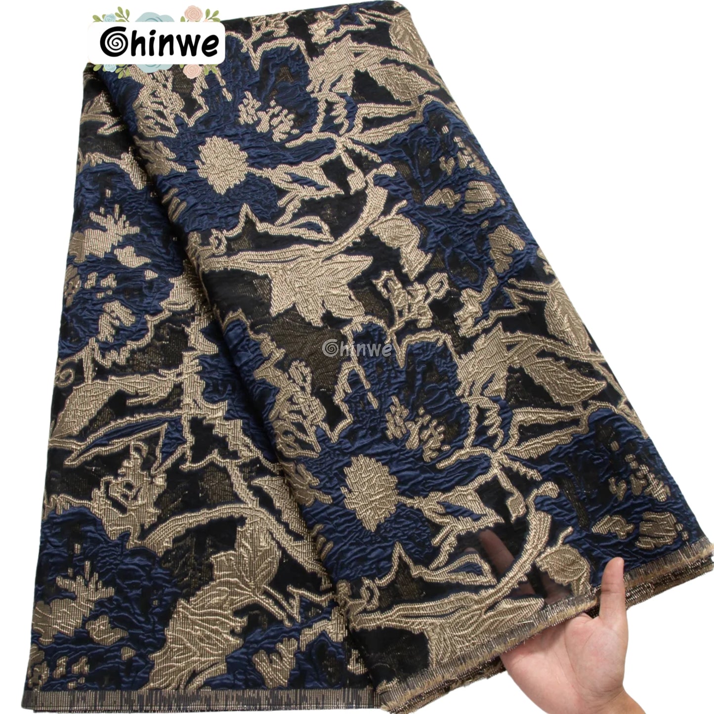 Textured Damask & Brocade Lace Fabric with Raised Floral Motif and Metallic Sheen Gradient