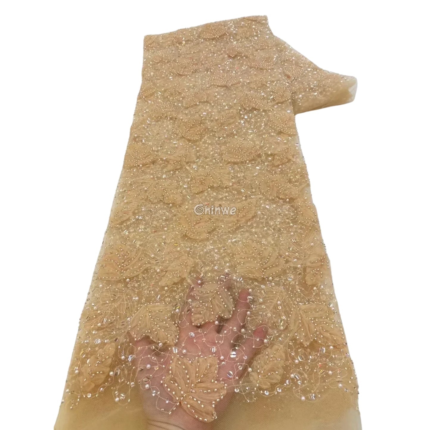 Beaded 3D Leaf Lace with Iridescent Accents on Soft Mesh for Luxury Garment Crafting Lace