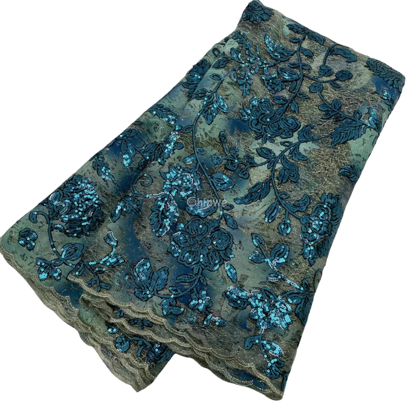 Sequined Floral Vine Embroidered Lace with Sheer Textured Base and Shimmer Finish Teal blue with navy sequins / 5 yards