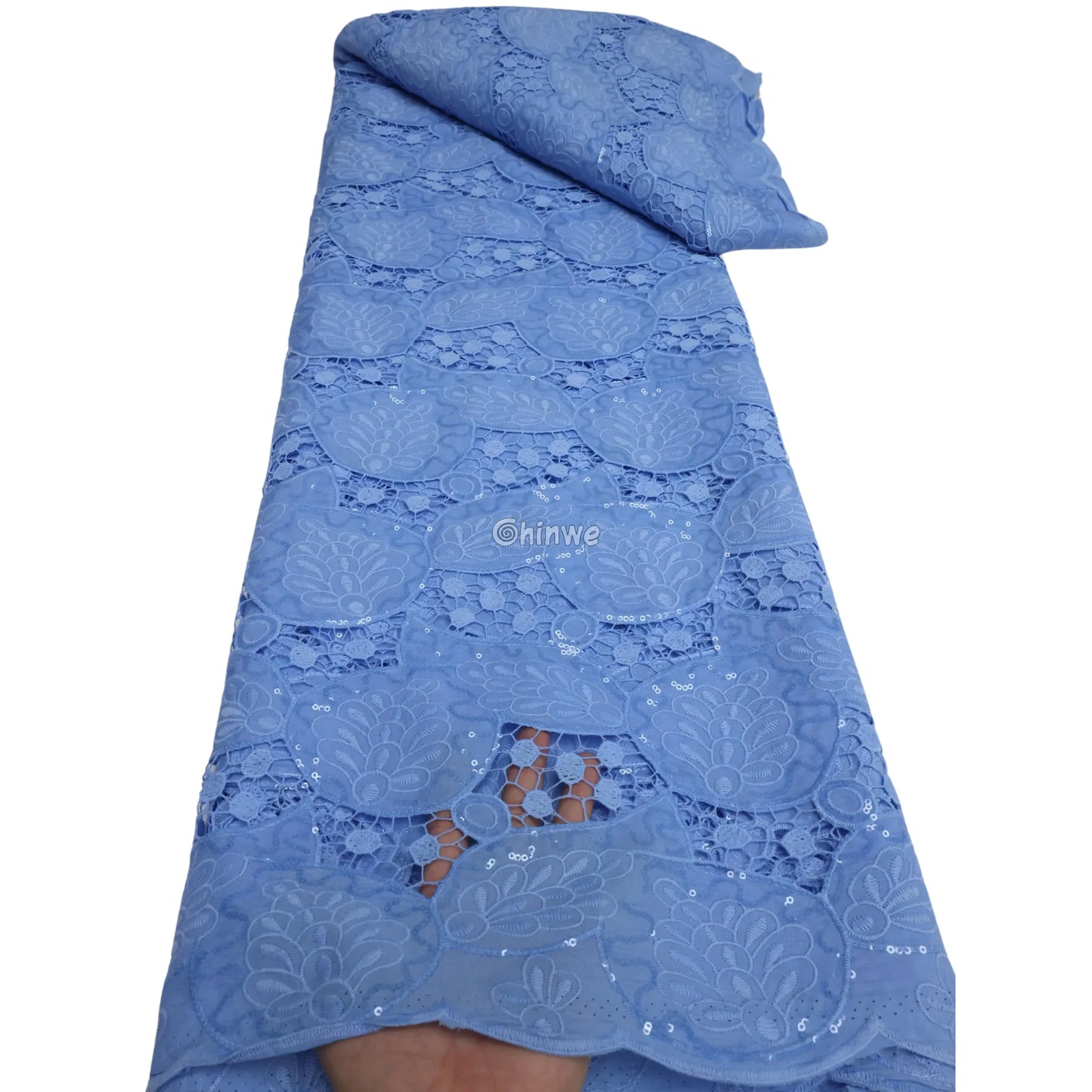 Sequin-Embellished Geometric Circle Appliqué Embroidered Lace with Scalloped Edge & Sheer Mesh Sky Mist / 5 Yards