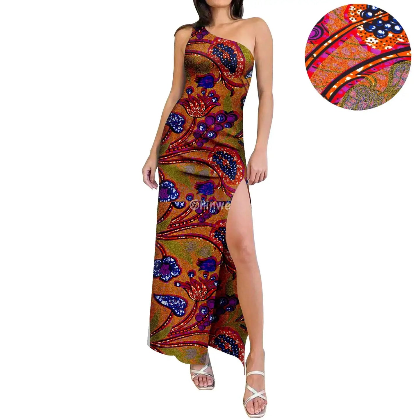 One-Shoulder High-Slit Maxi Dress in Ankara Print with Slim Fit Slash Neckline & Sleeveless Cut Scarlet Royal Maze