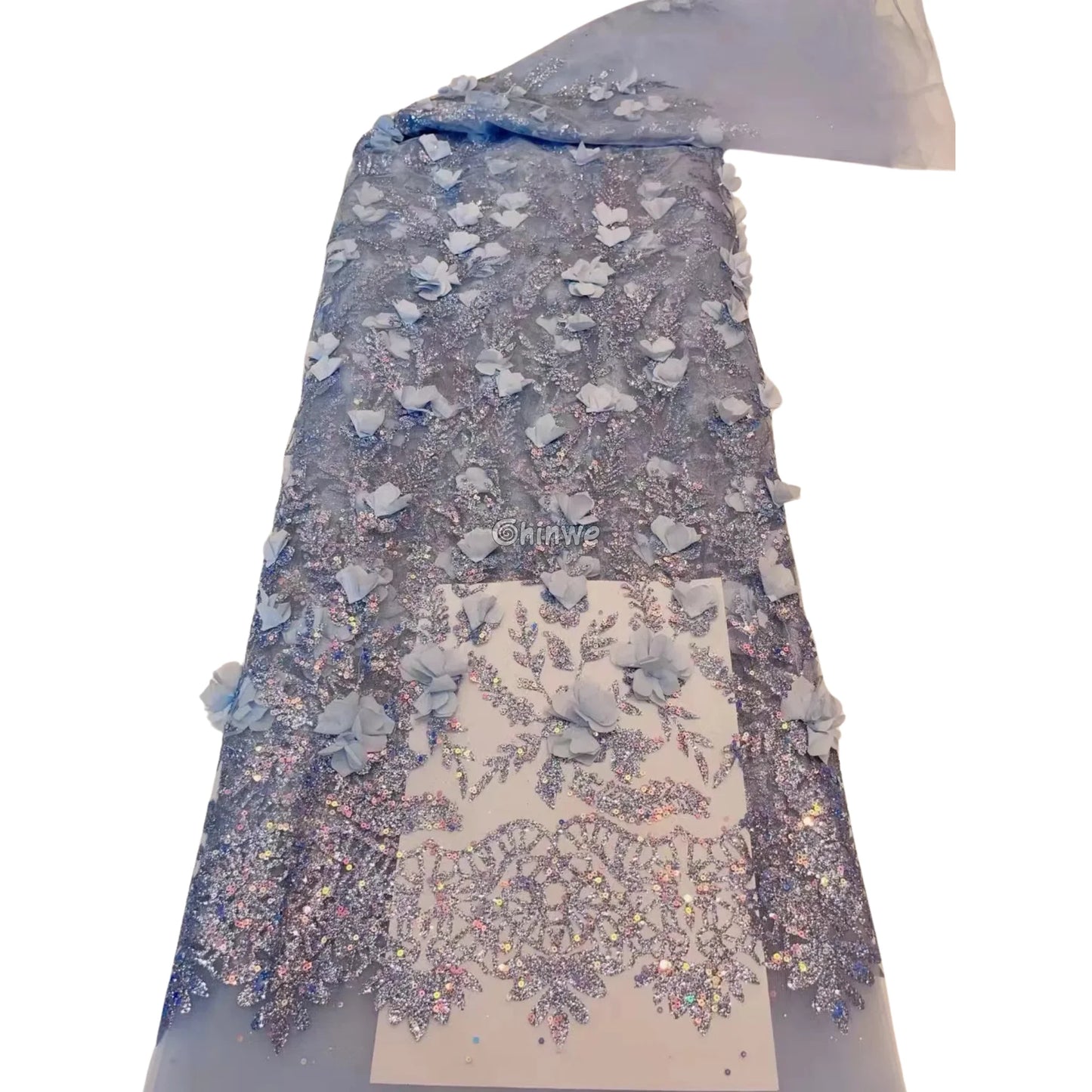 3D Appliqué Petal Lace with Sequined Vine Embroidery – Luxury Wedding & Party Fabric Silver Petal Cascade / 5yard Lace