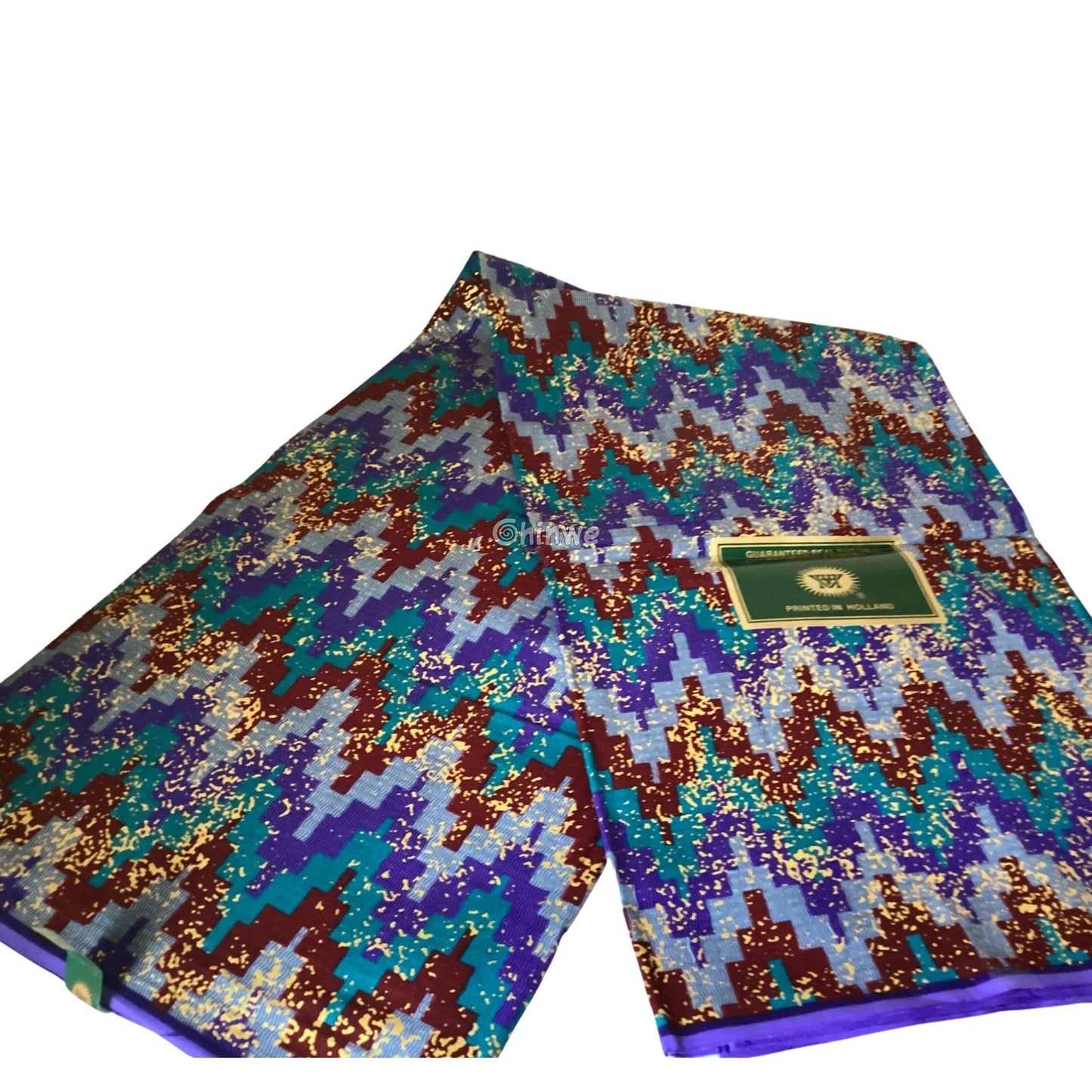 Blue, Teal & Burgundy Kente Brocade with Pixel Chevron Pattern and Gold Splatter Texture