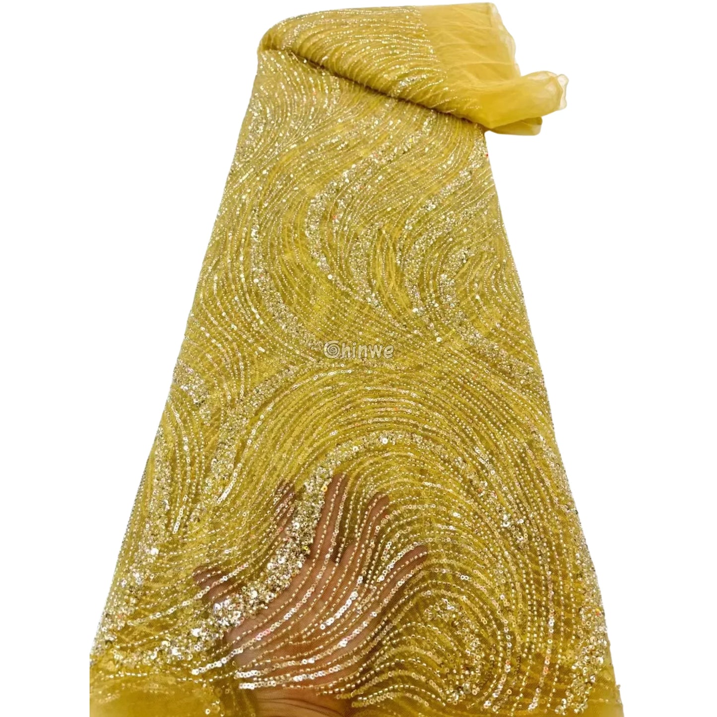 Sequined Swirl Embroidery on Sheer Mesh with Iridescent Highlights and Wave Pattern Detailing Golden Yellow / 5 Yards