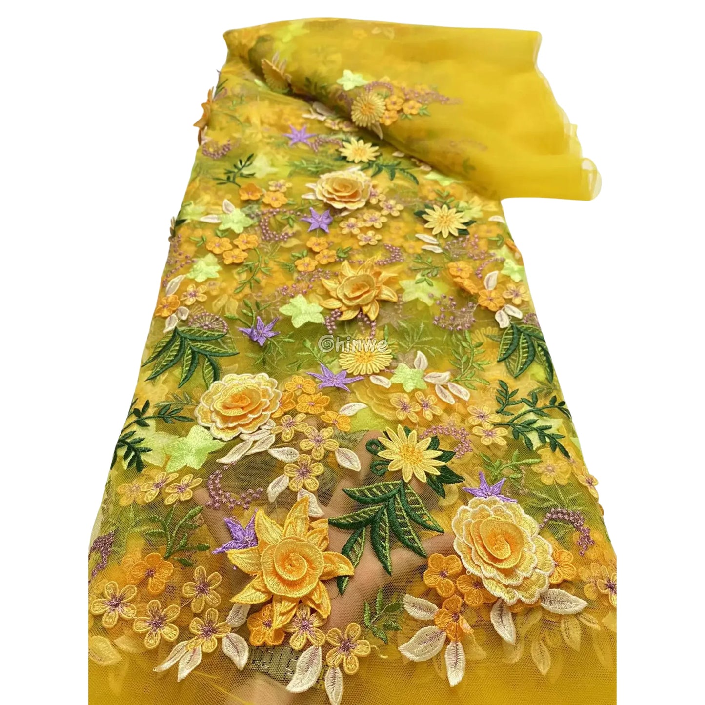 3D Floral Appliqué Lace on Sheer Mesh Raised Embroidered Flowers and Leaves Sunshine Burst Yellow / 5 yards Lace