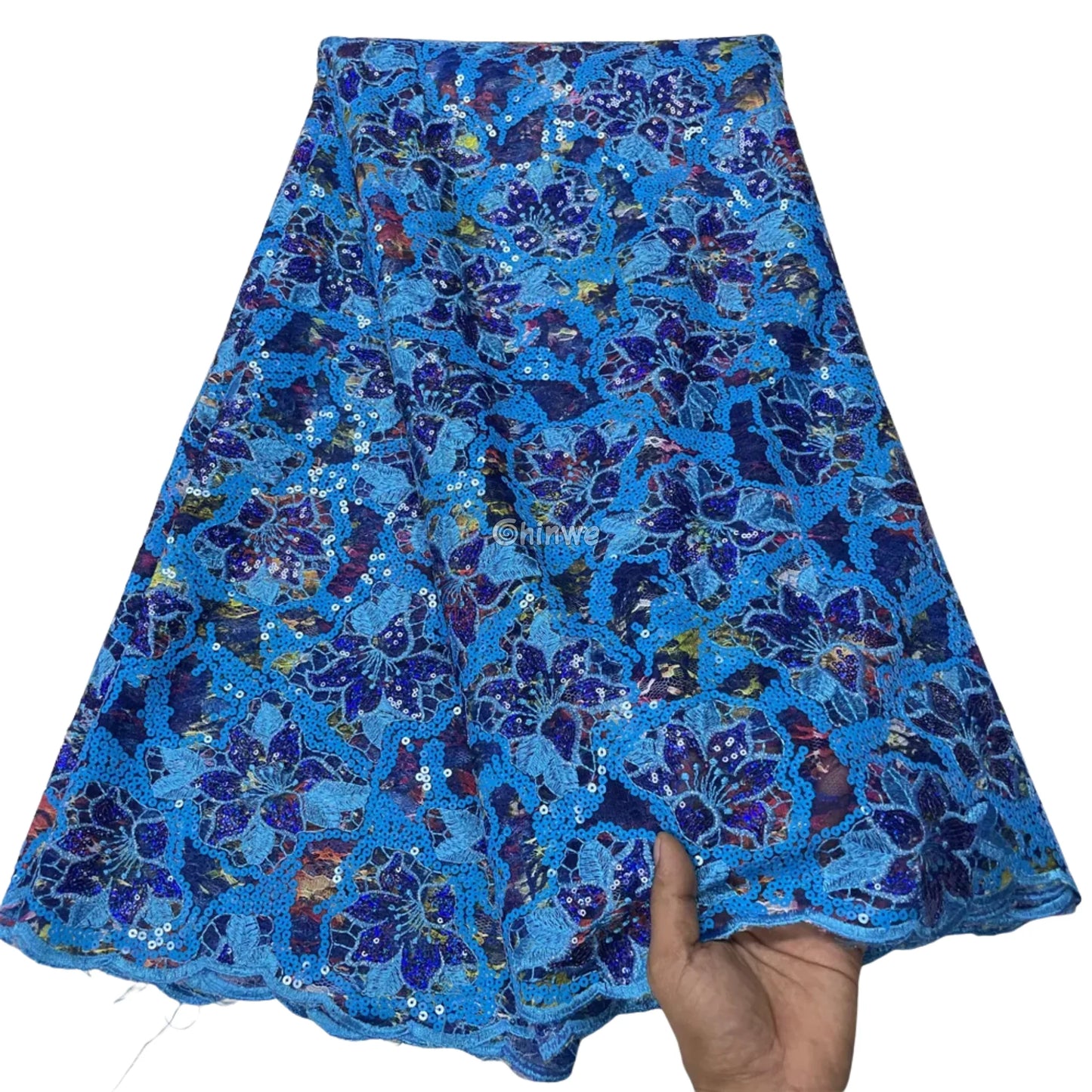 French Tulle Lace Floral Vine Pattern with Sequins & Iridescent Sheen for Bold Tailoring & Crafts Sapphire Blue &