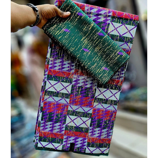 Red Green & Purple Kente Brocade with Patchwork Grid Motif and Multicolor Metallic Detailing Festival Grid Kente