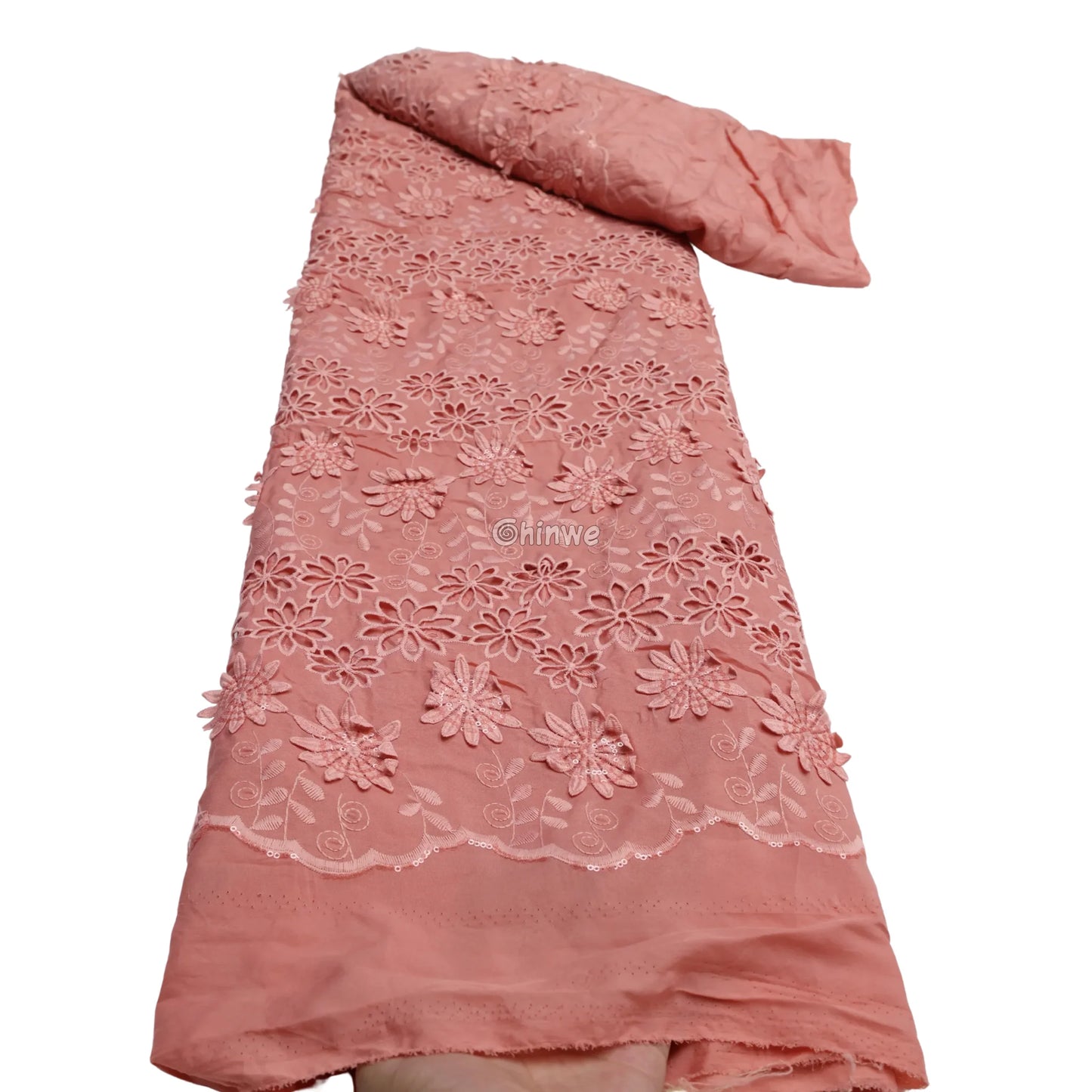 Three-Dimensional Floral Appliqué Embroidered Lace with Scalloped Edge & Sequin Accents Coral Blush / 5 Yards / 120cm