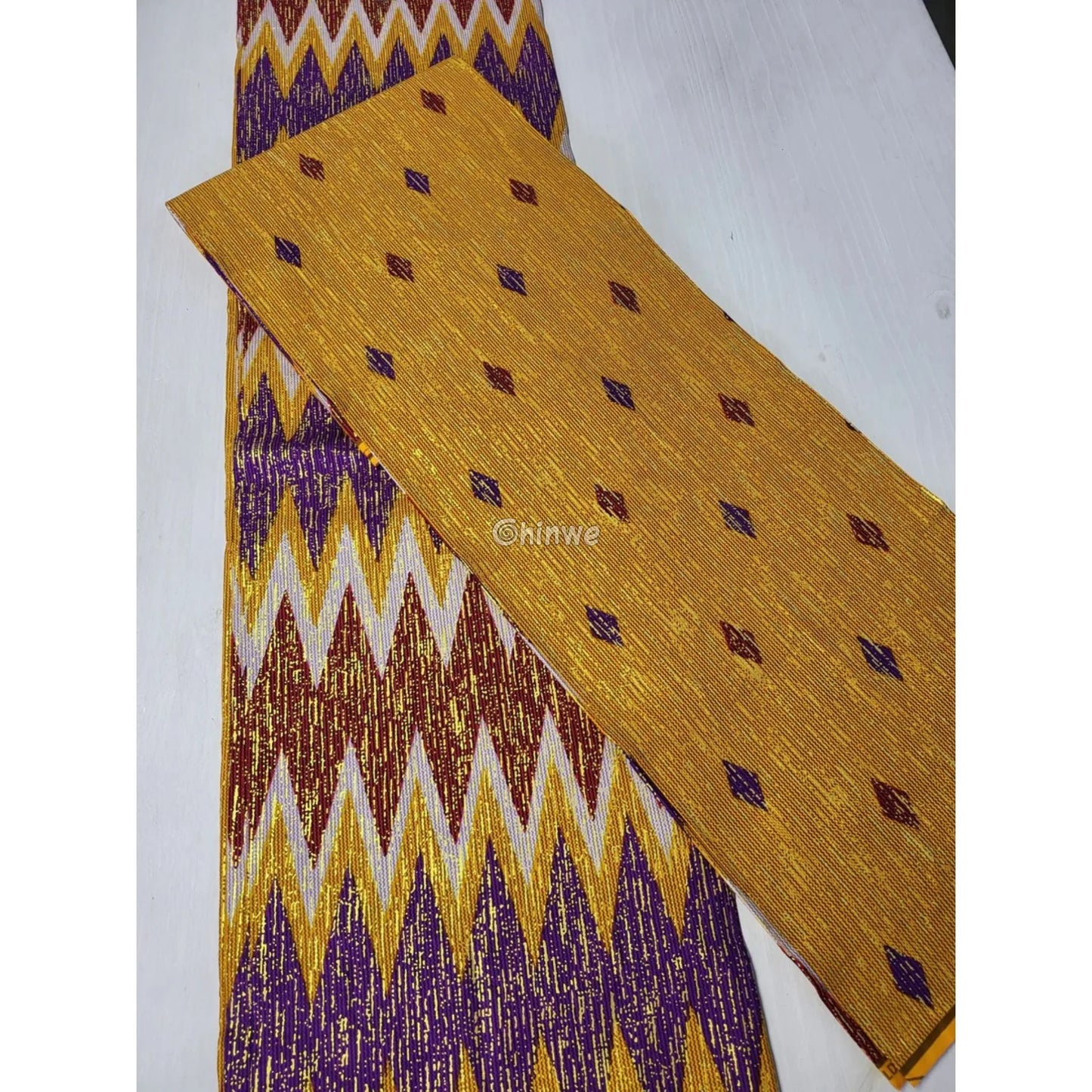 Sunfire Zigzag Kente Brocade Fabric in Yellow Purple & Red with Gold Metallic Threading Sunfire Zigzag Kente / 6yards
