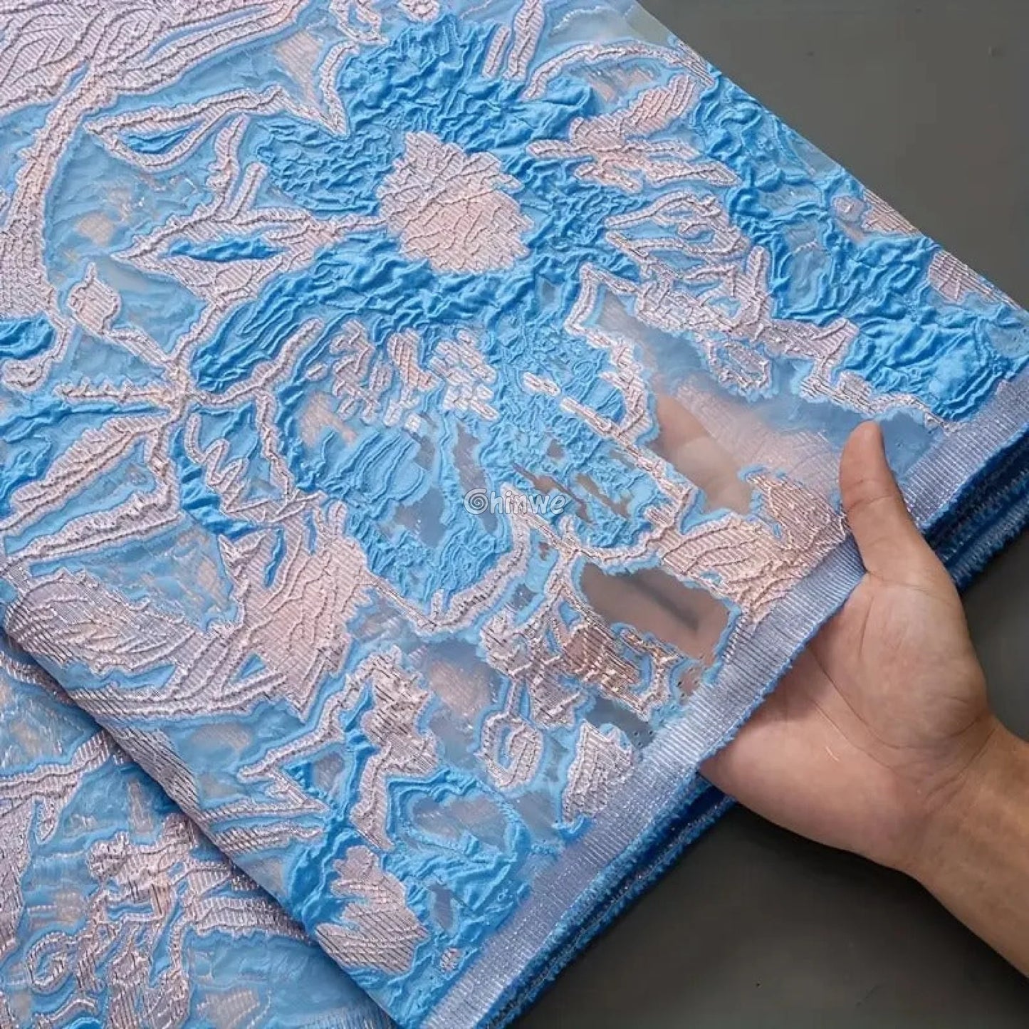 Textured Damask & Brocade Lace Fabric with Raised Floral Motif and Metallic Sheen Gradient Lace