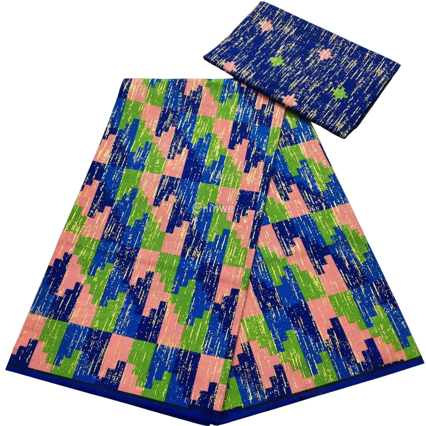 Blue Green & Pink Kente Brocade with Pixel Mosaic Triangles and Gold Metallic Accents Lagoon Mosaic Kente / 6yards