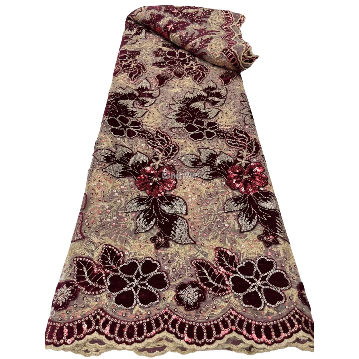 Champagne Mesh Floral Velvet Appliqué Sequined Lace Fabric with Scalloped Floral Edge Ruby Burgundy & Champagne Velvet