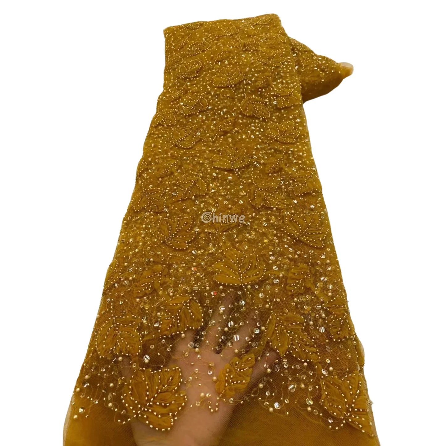 Beaded 3D Leaf Lace with Iridescent Accents on Soft Mesh for Luxury Garment Crafting Lace