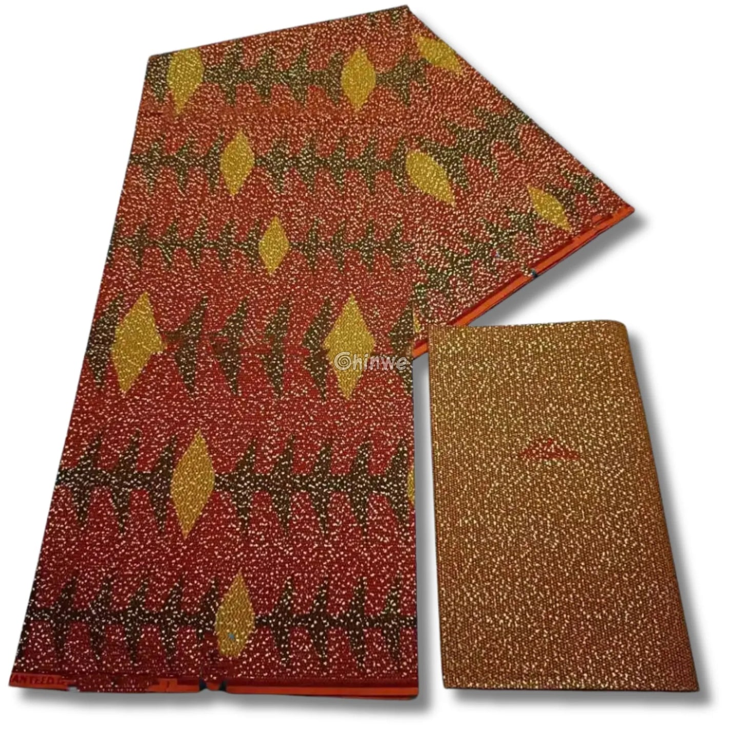 Orange Gold & Green Kente Brocade with Diamond Flame Motif and Dense Metallic Dot Texture Burnt Orange / 6yards African
