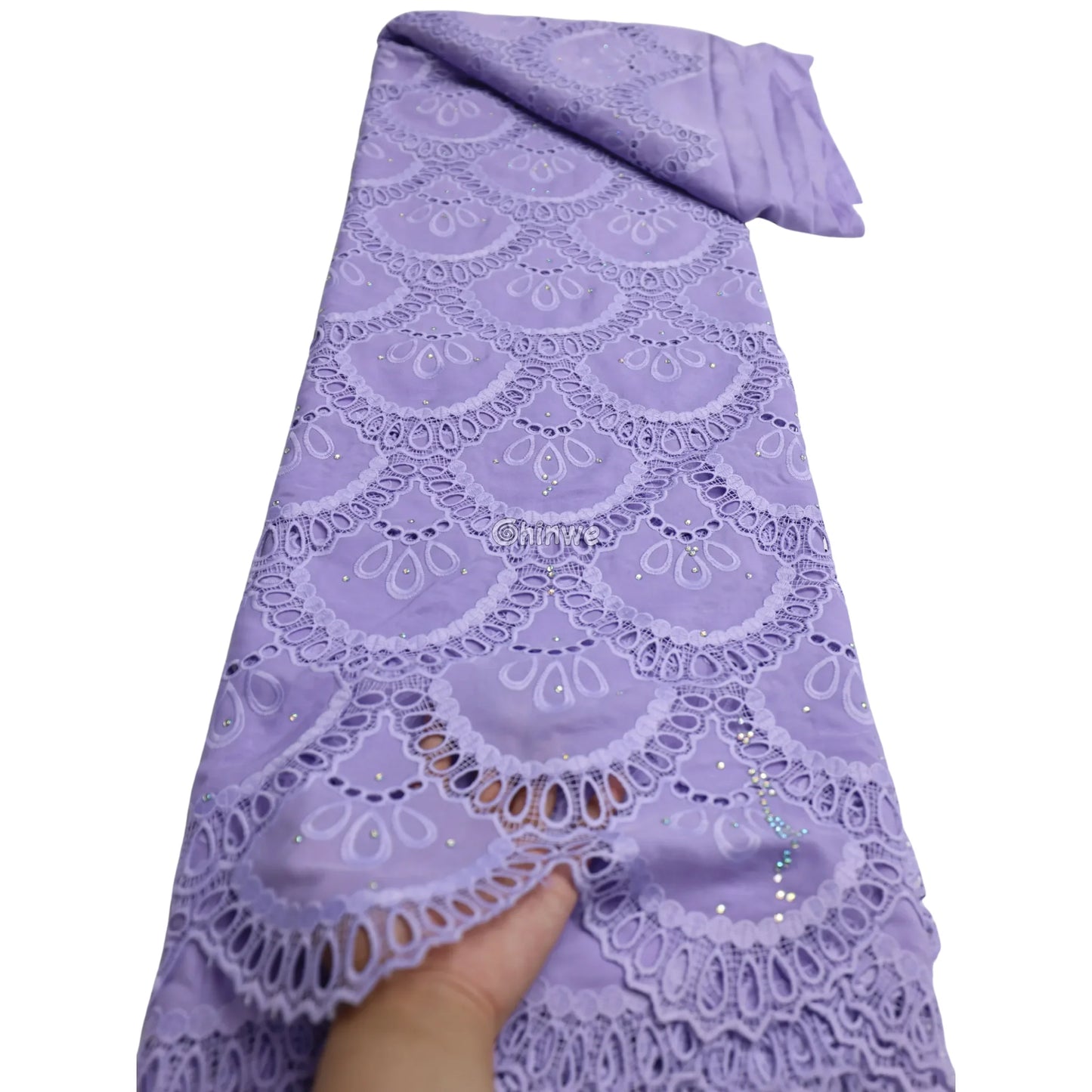 Embroidered Eyelet Lace Fabric with Scalloped Petal Motif and Sparkle Embellishments Lace