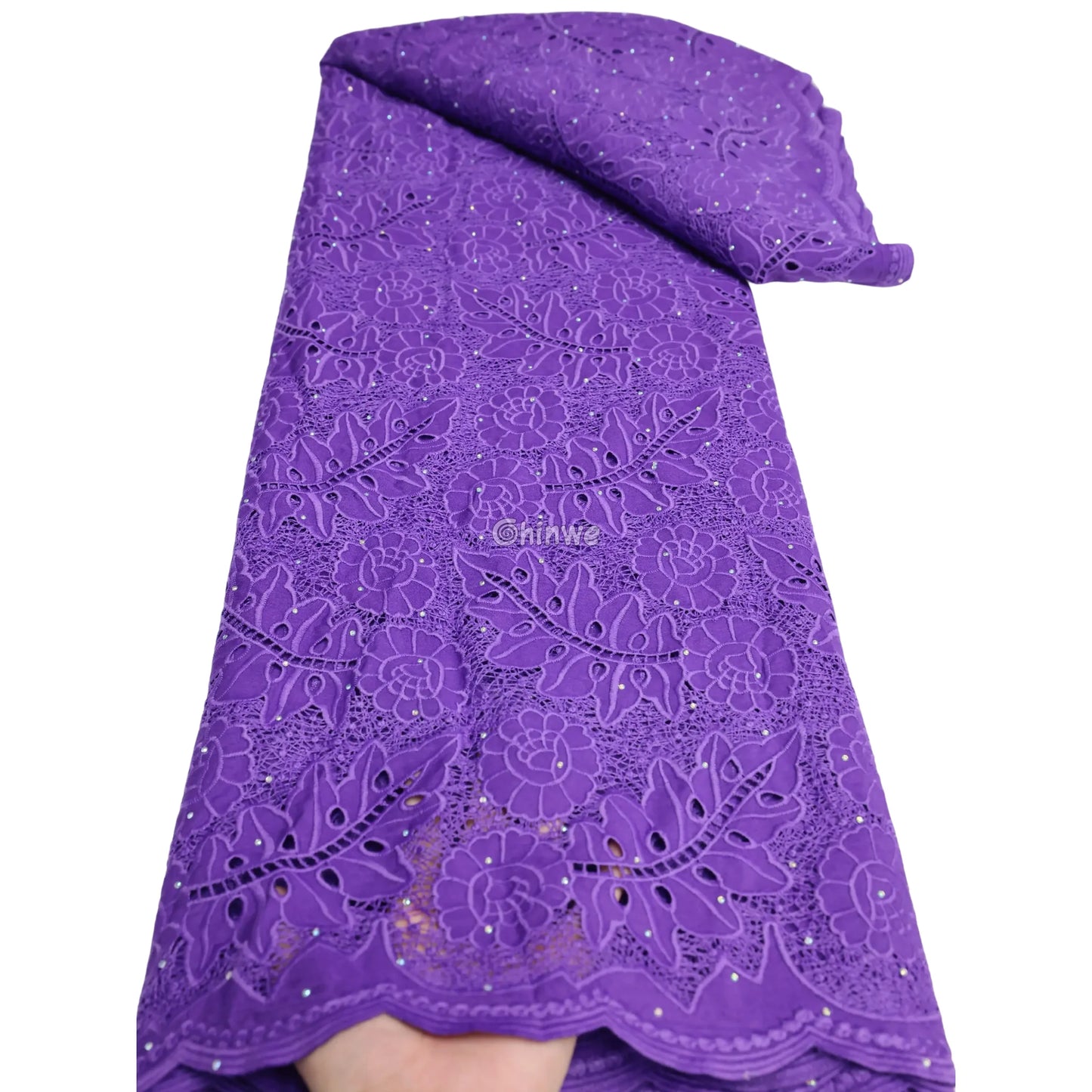 Purple Orange Mauve Aqua & Cream Floral Vine Lace Fabric with Scalloped Edge & Sequins Lace