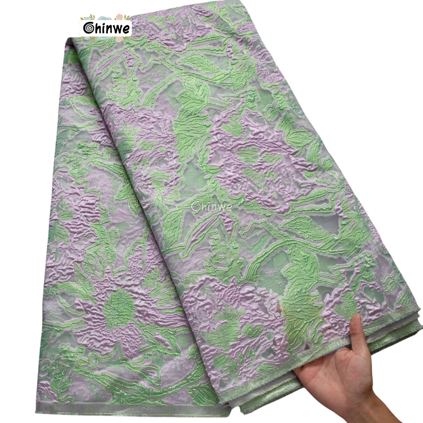 Textured Damask & Brocade Lace Fabric with Raised Floral Motif and Metallic Sheen Gradient