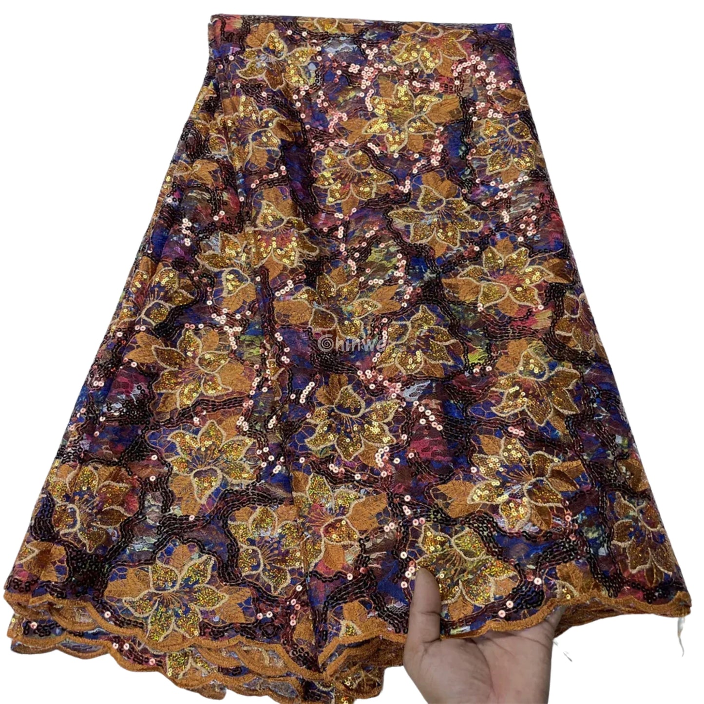 French Tulle Lace Floral Vine Pattern with Sequins & Iridescent Sheen for Bold Tailoring & Crafts Amber Gold &