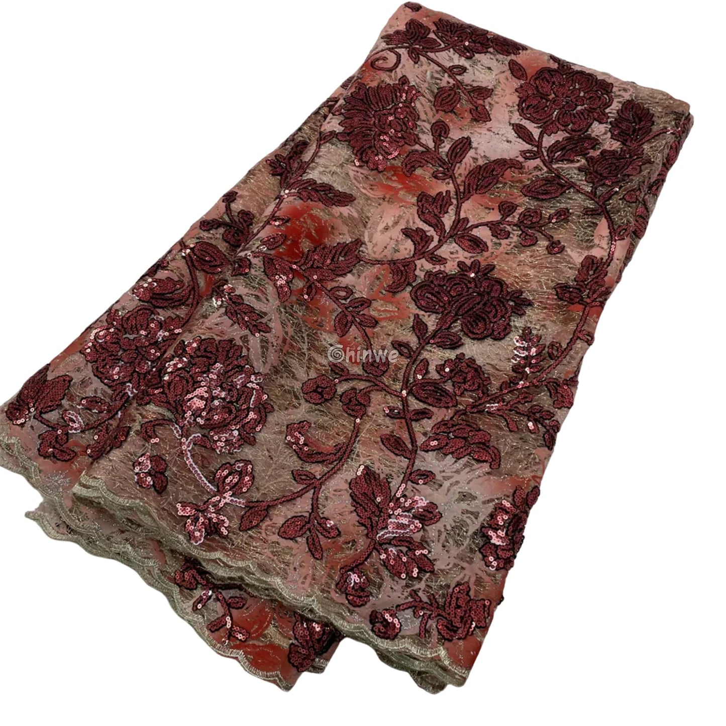 Sequined Floral Vine Embroidered Lace with Sheer Textured Base and Shimmer Finish Red base with deep wine sequins / 5