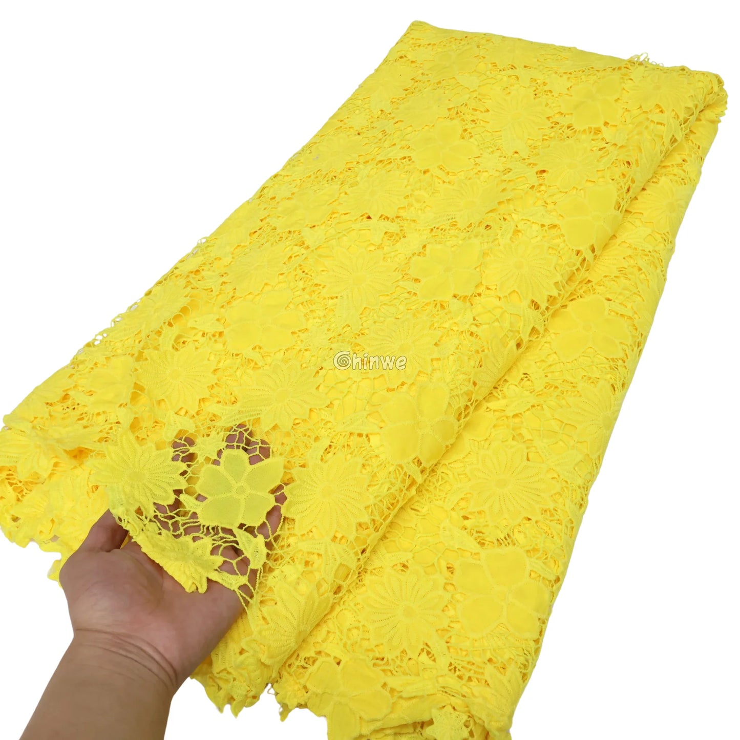 Guipure Lace Floral Appliqué Scalloped Edge with Sequined Accents & Sheer Mesh Ground Canary Yellow / 5 Yards / 120cm