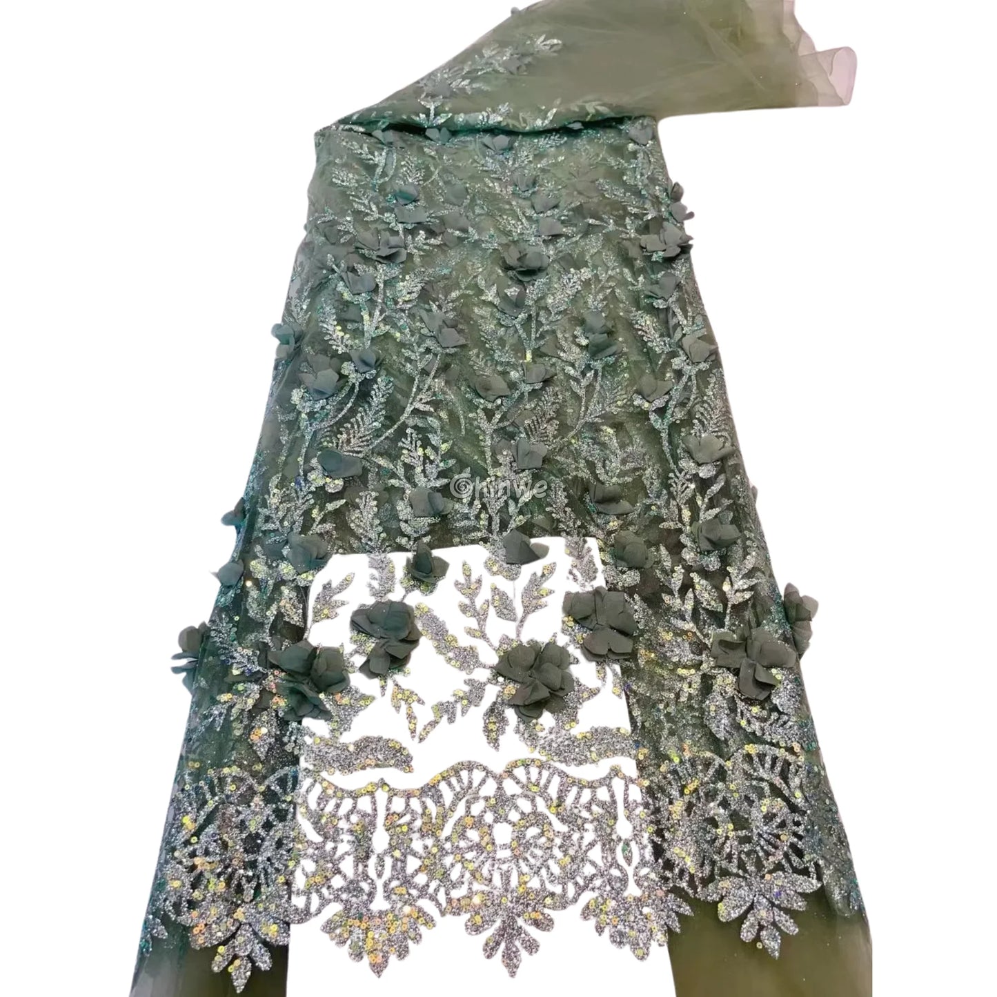 3D Appliqué Petal Lace with Sequined Vine Embroidery – Luxury Wedding & Party Fabric Sage Floral Mist / 5yard Lace