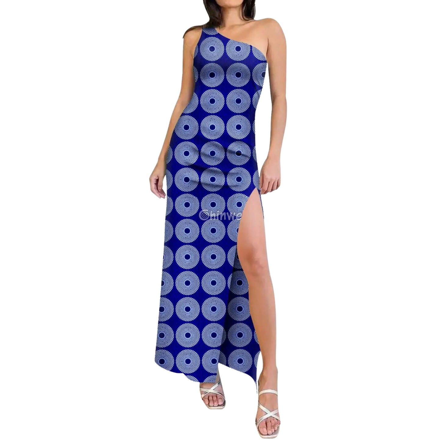 One-Shoulder High-Slit Maxi Dress in Ankara Print with Slim Fit Slash Neckline & Sleeveless Cut Women’s Clothing