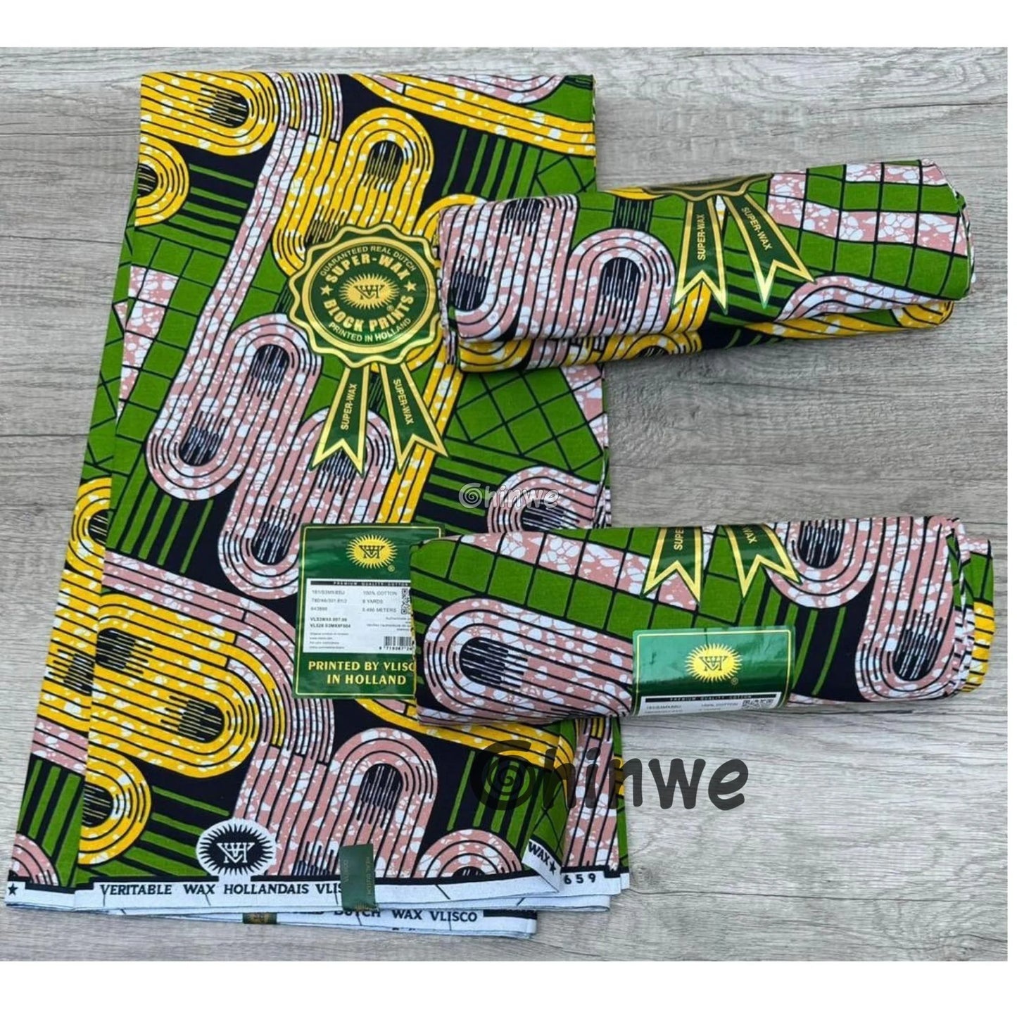 African Wax Print with Olive Green Grid, Mustard Loops, and Taupe Batik Interlocking Path Motif