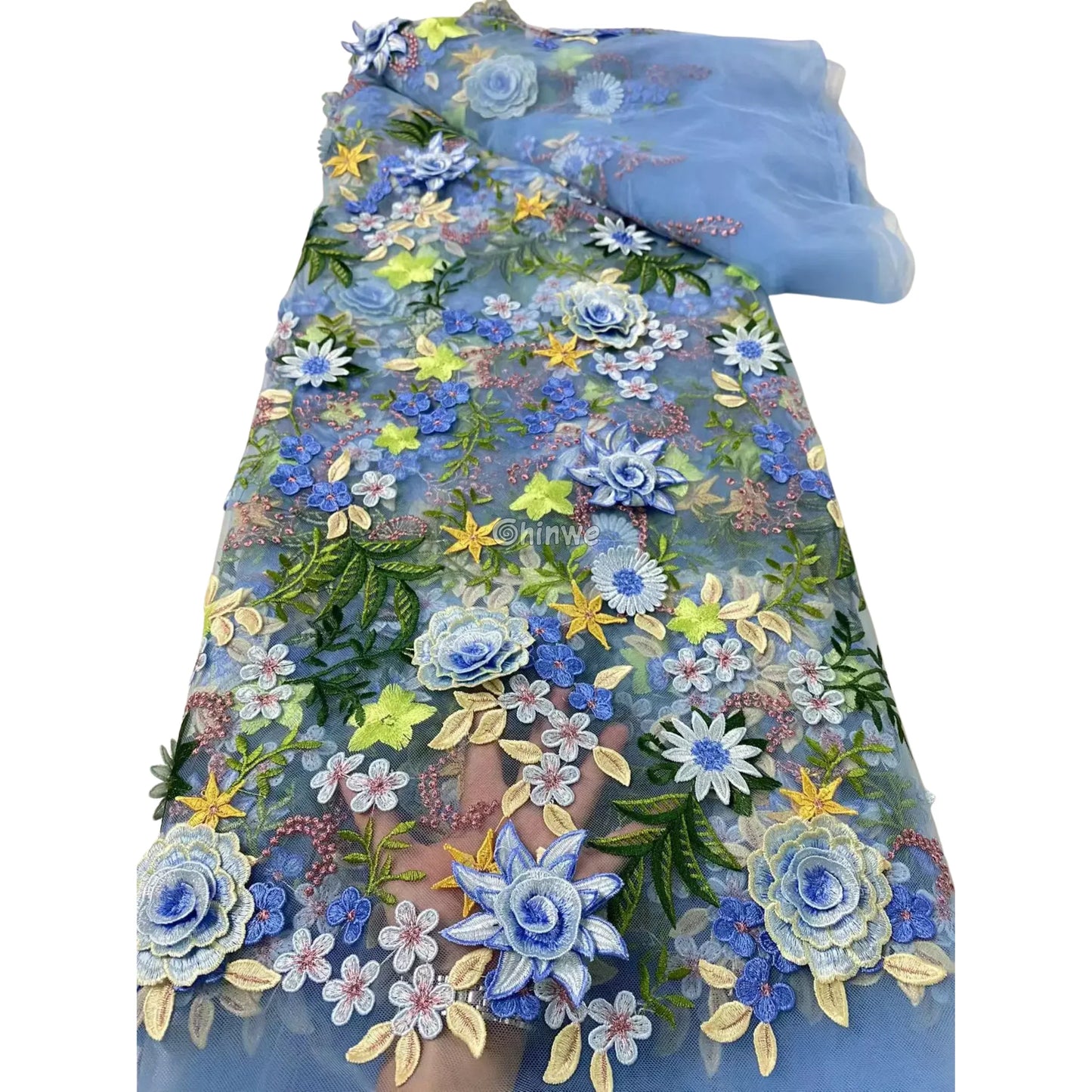 3D Floral Appliqué Lace on Sheer Mesh Raised Embroidered Flowers and Leaves Sky Blossom Blue / 5 yards Lace