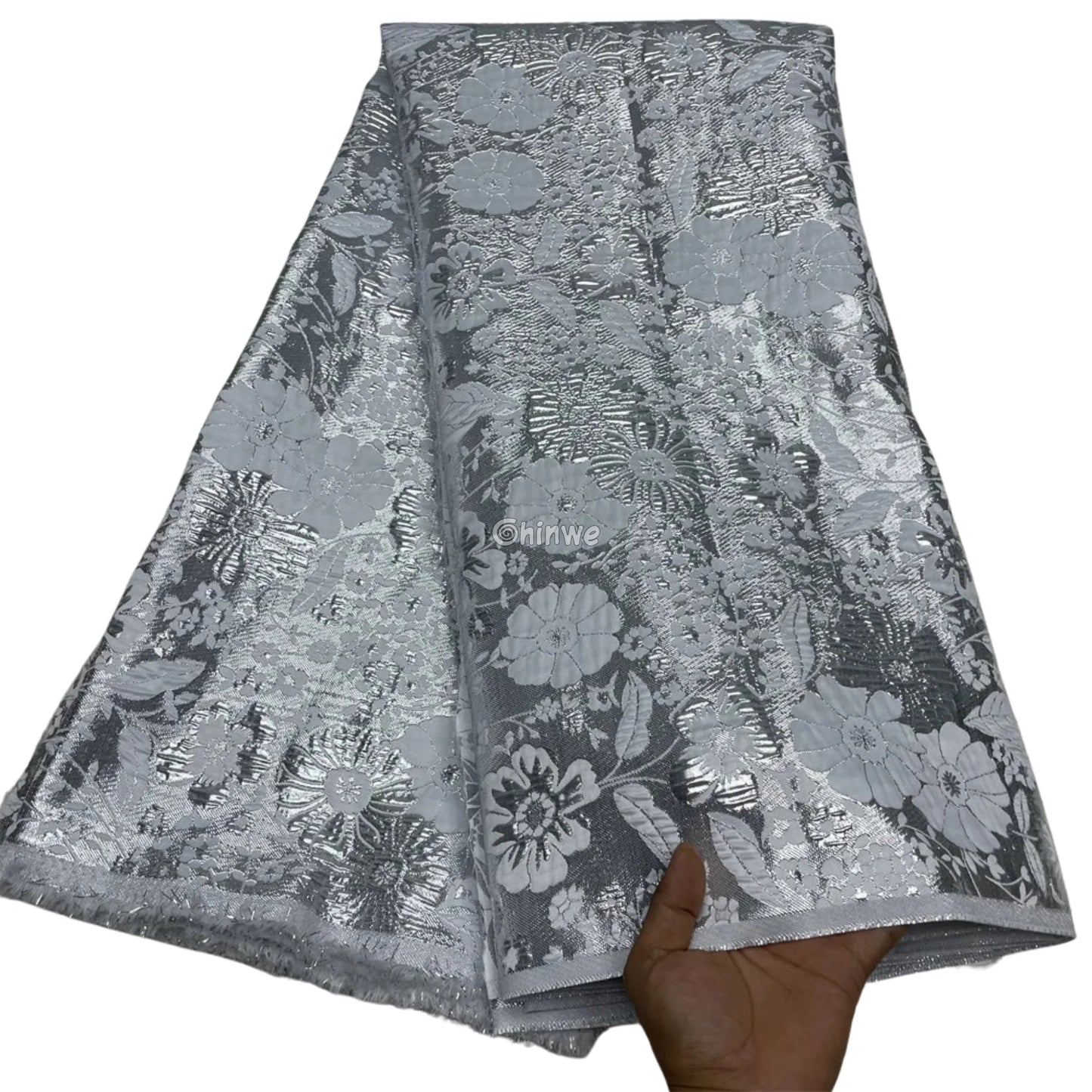 Pumpkin & Glacial Silver Floral Jacquard Brocade with Raised Metallic Threads for Luxe Evening Wear Glacial Silver &