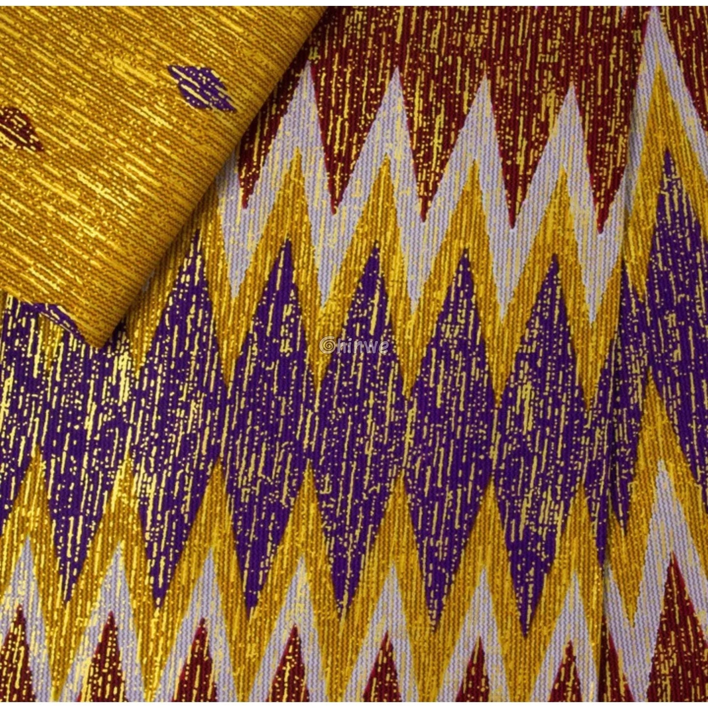 Sunfire Zigzag Kente Brocade Fabric in Yellow Purple & Red with Gold Metallic Threading Sunfire Zigzag Kente / 6yards