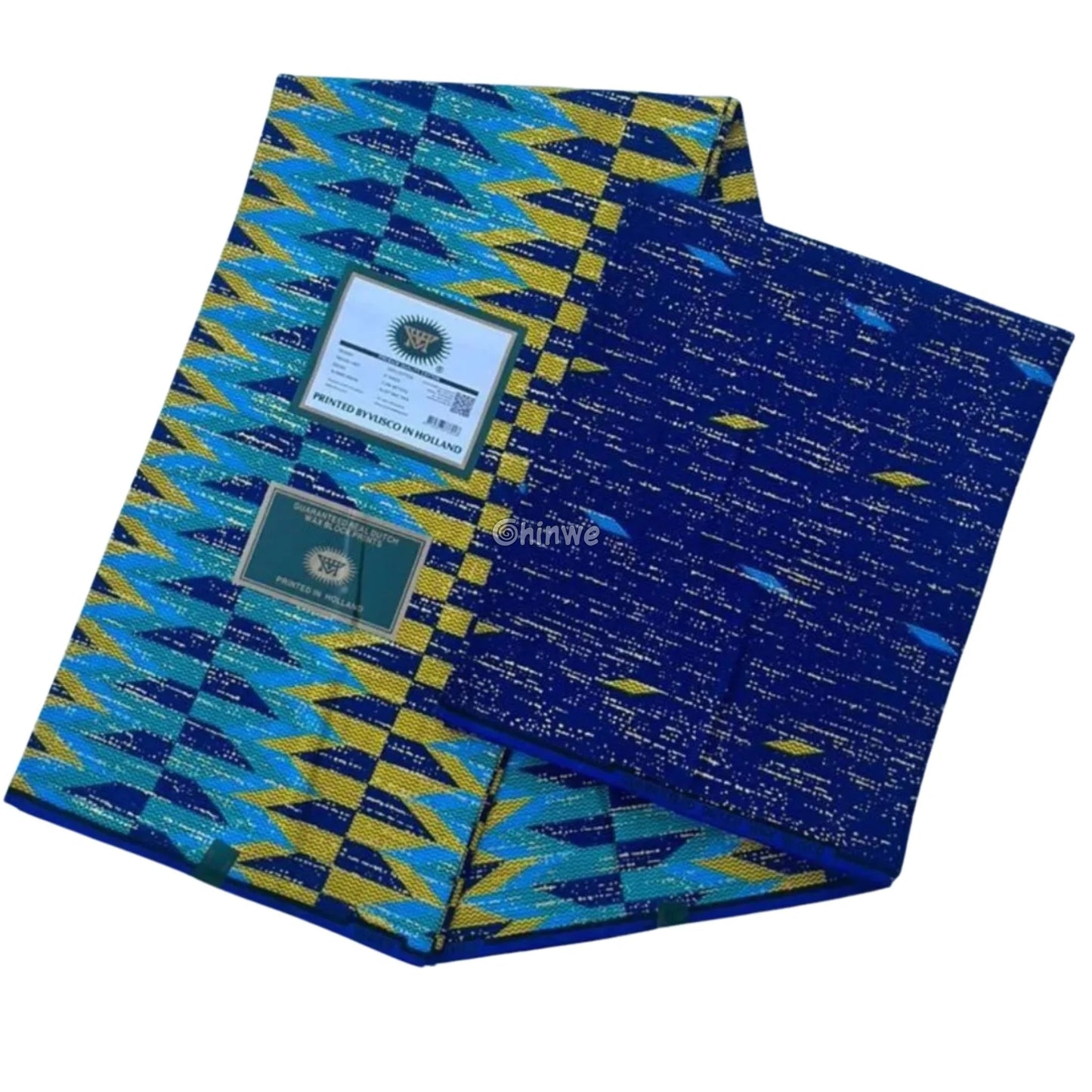 Ocean Ray Metallic Brocade Fabric – Navy Aqua & Yellow Chevron Kente Design PEACOCK BLUE / 6yards African Wax Print