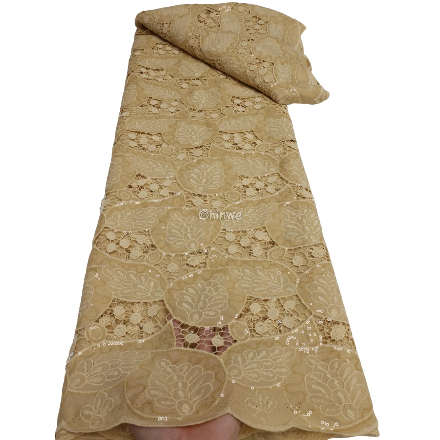 Sequin-Embellished Geometric Circle Appliqué Embroidered Lace with Scalloped Edge & Sheer Mesh Antique Gold / 5 Yards