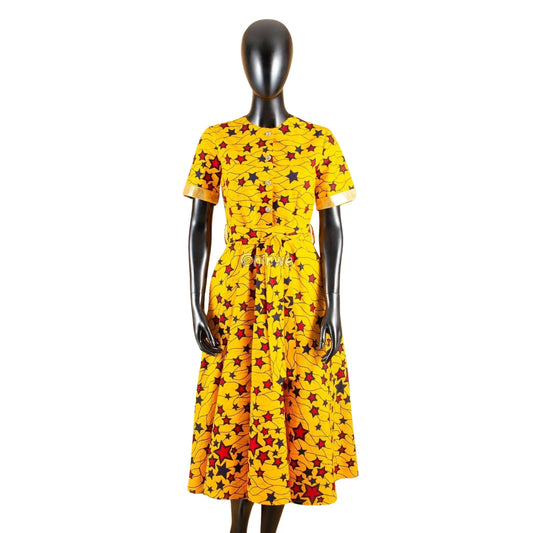 Ada Midi Belted Ankara Dress in Electric Garden Women’s Clothing