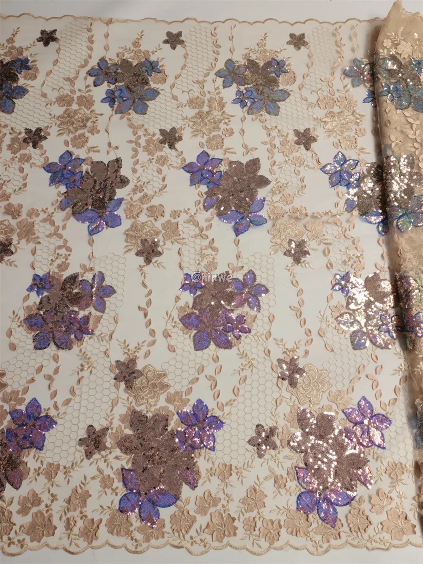 Embroidered 3D Sequin Lace Fabric with Floral Appliqué on Soft Tulle Mesh for Couture Sewing Projects Lace