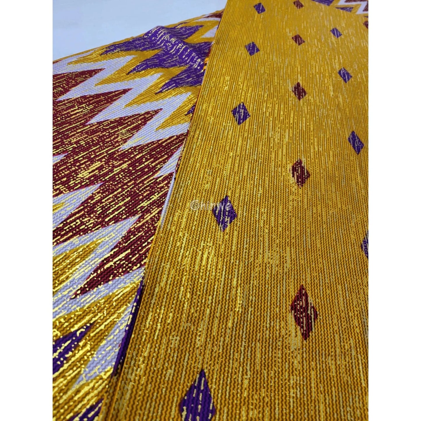 Sunfire Zigzag Kente Brocade Fabric in Yellow Purple & Red with Gold Metallic Threading Sunfire Zigzag Kente / 6yards